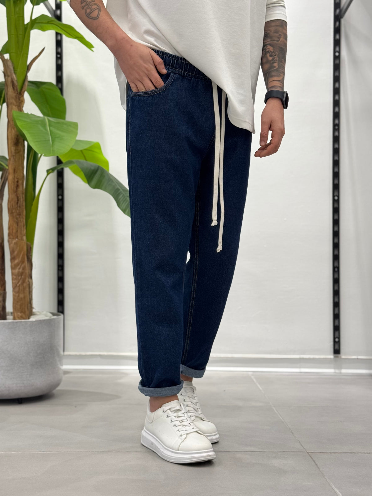 Jeans con Elastico in Vita Blu Wawe