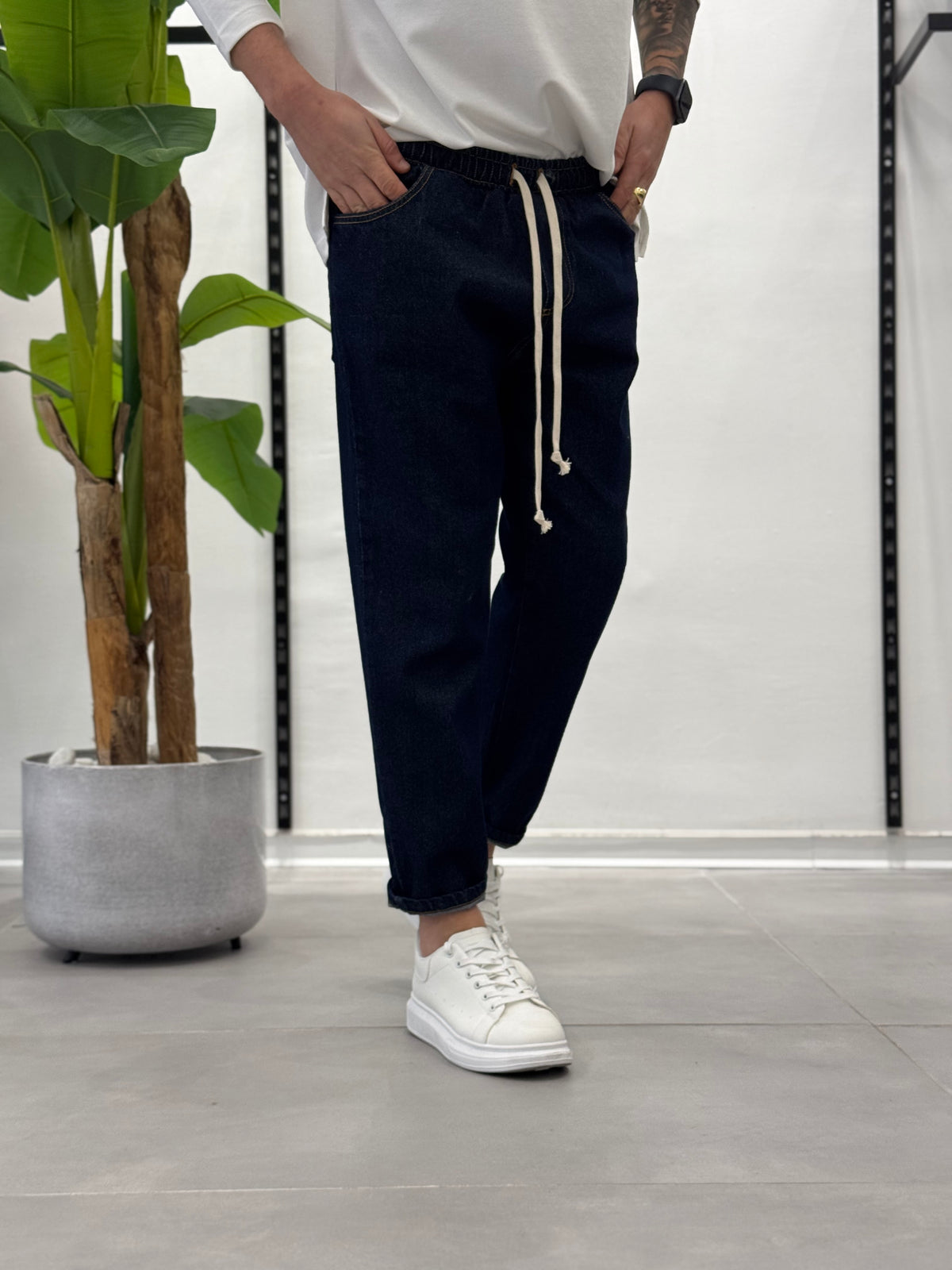 Jeans con Elastico in Vita Blu Scuro Wawe