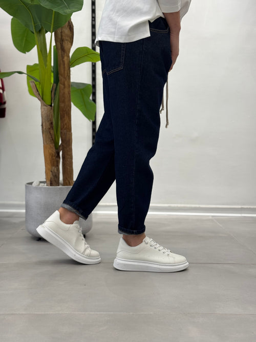 Jeans con Elastico in Vita Blu Scuro Wawe