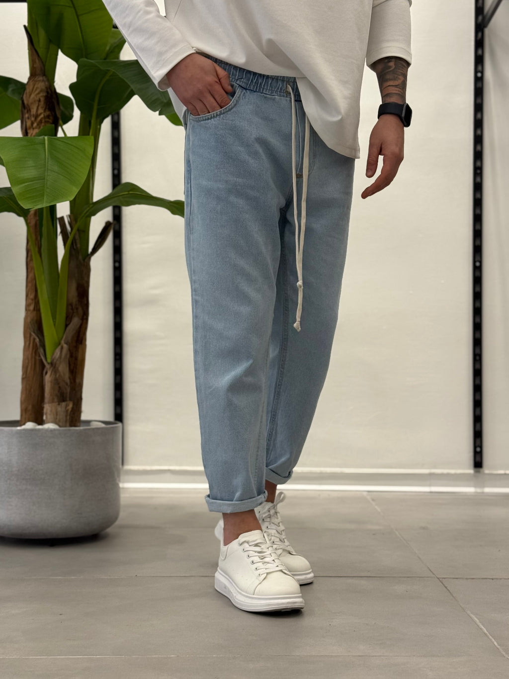 Jeans con Elastico in Vita Chiaro Wawe