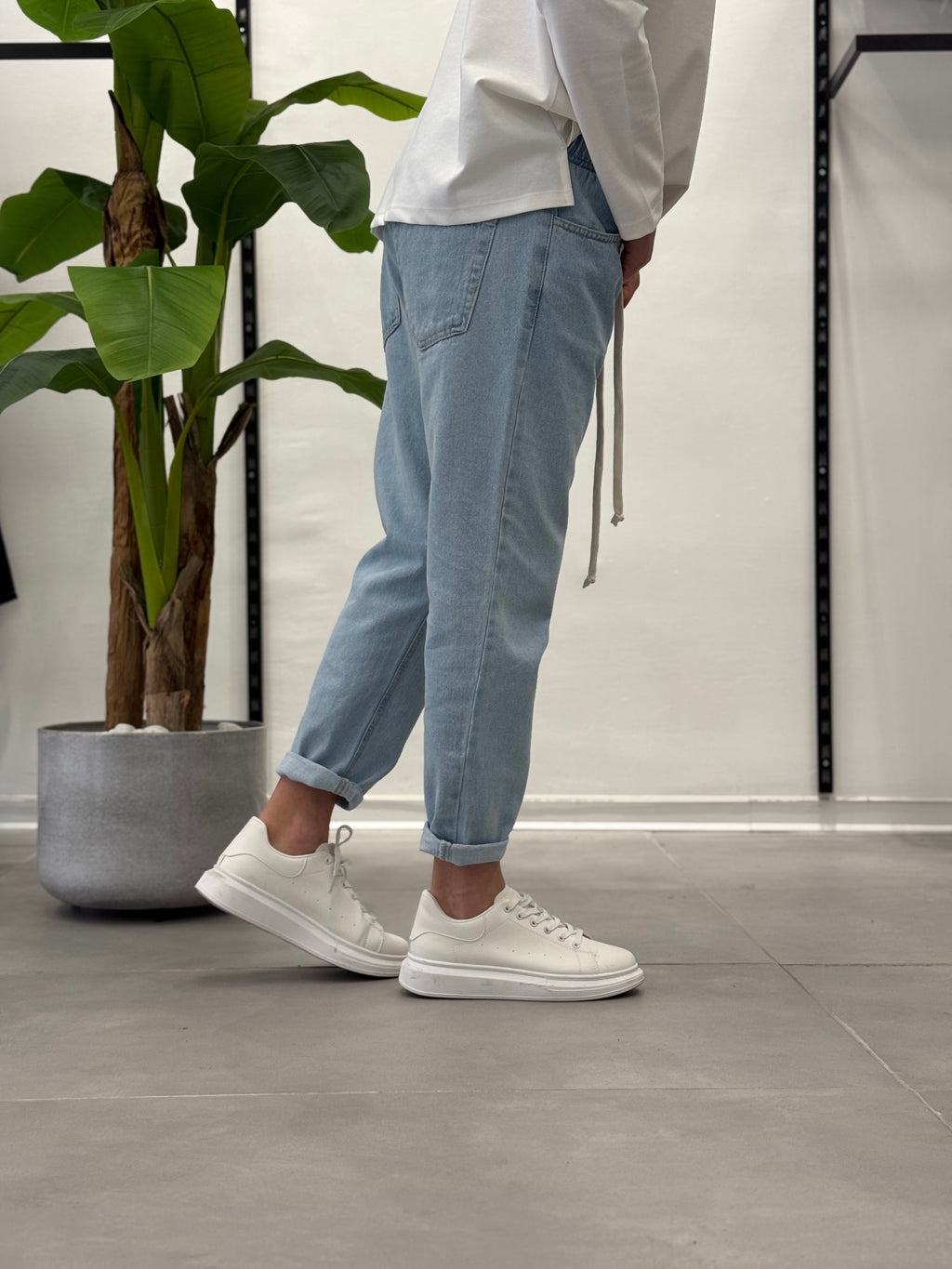 Jeans con Elastico in Vita Chiaro Wawe