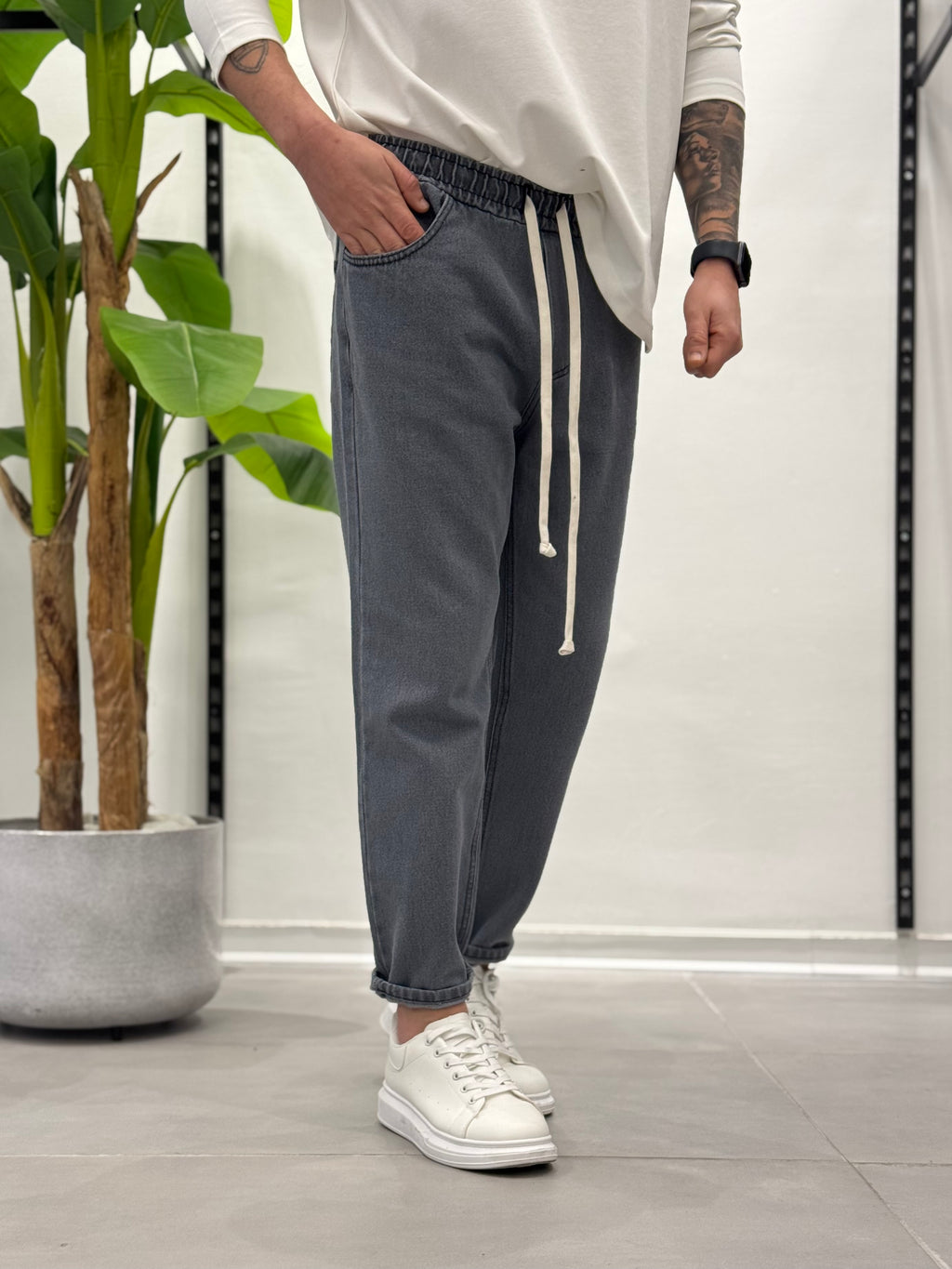 Jeans con Elastico in Vita Grigio Chiaro Wawe