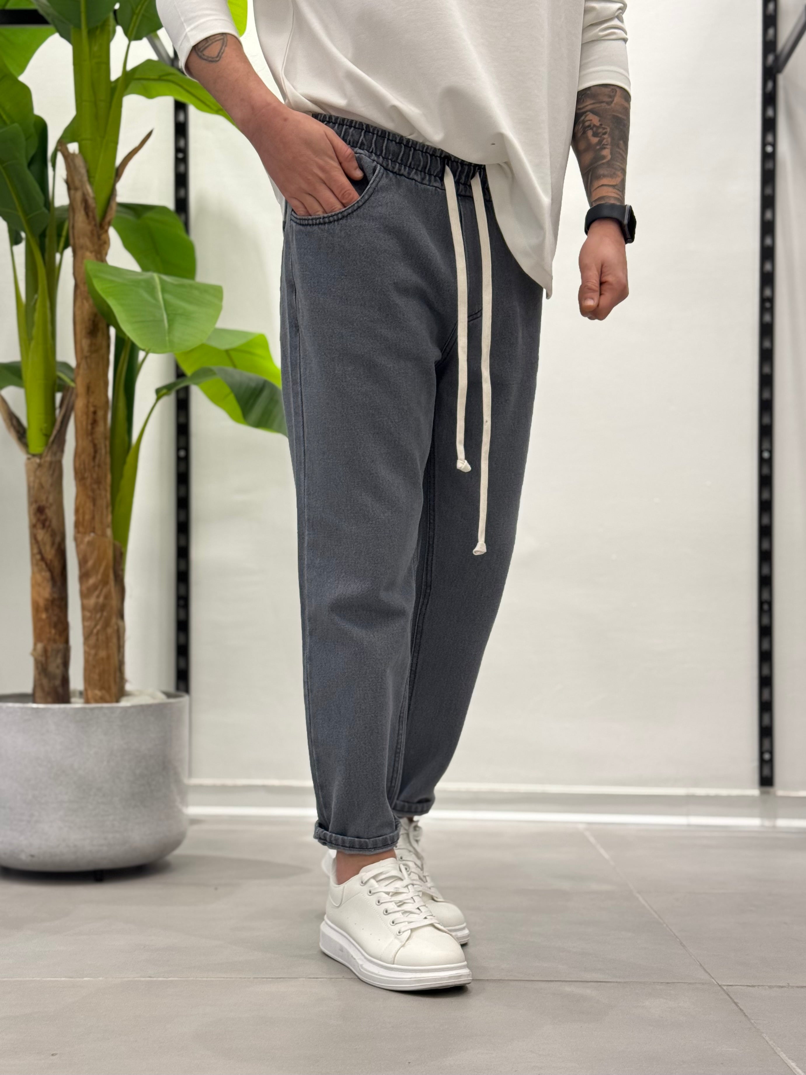 Jeans con Elastico in Vita Grigio Chiaro Wawe