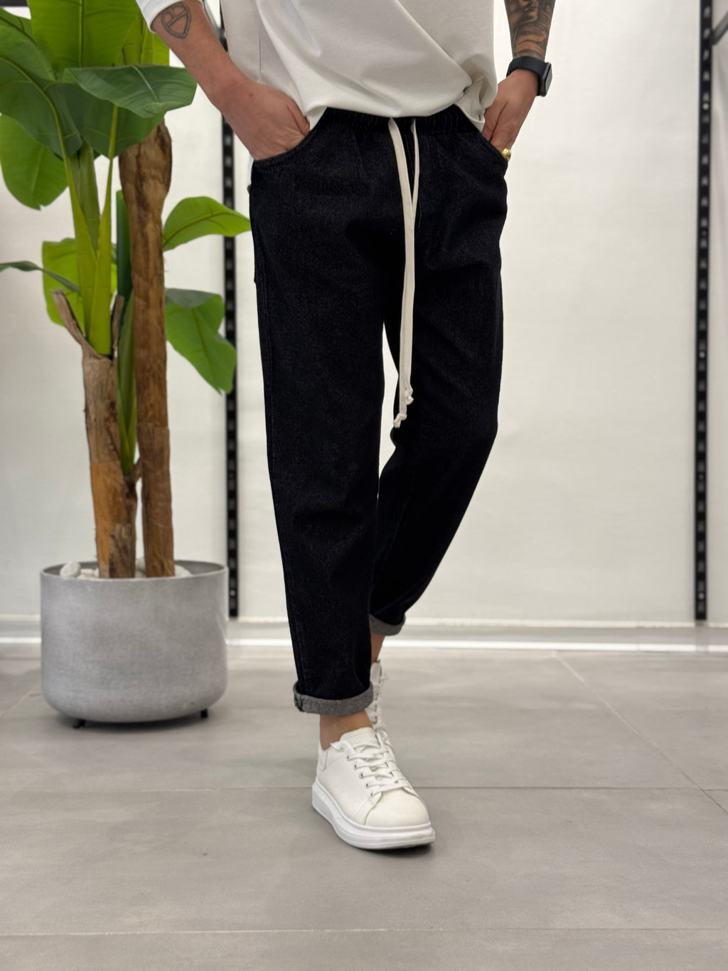 Jeans con Elastico in Vita Grigio Wawe