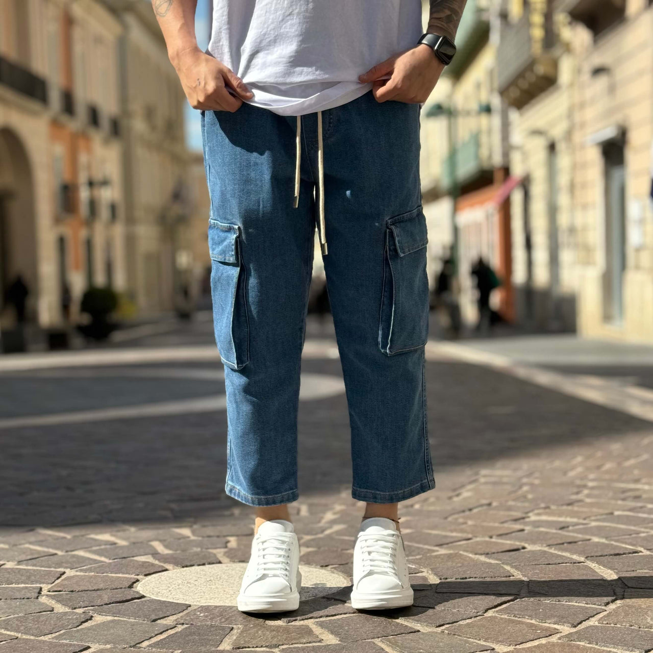 Jeans tasconato con elastico azzurro - FLAG STORE