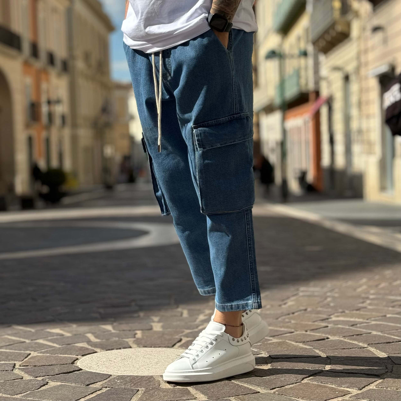 Jeans tasconato con elastico azzurro - FLAG STORE