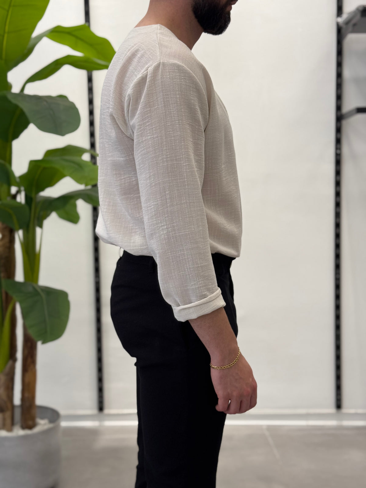 Linen Shirt with Korean Collar 