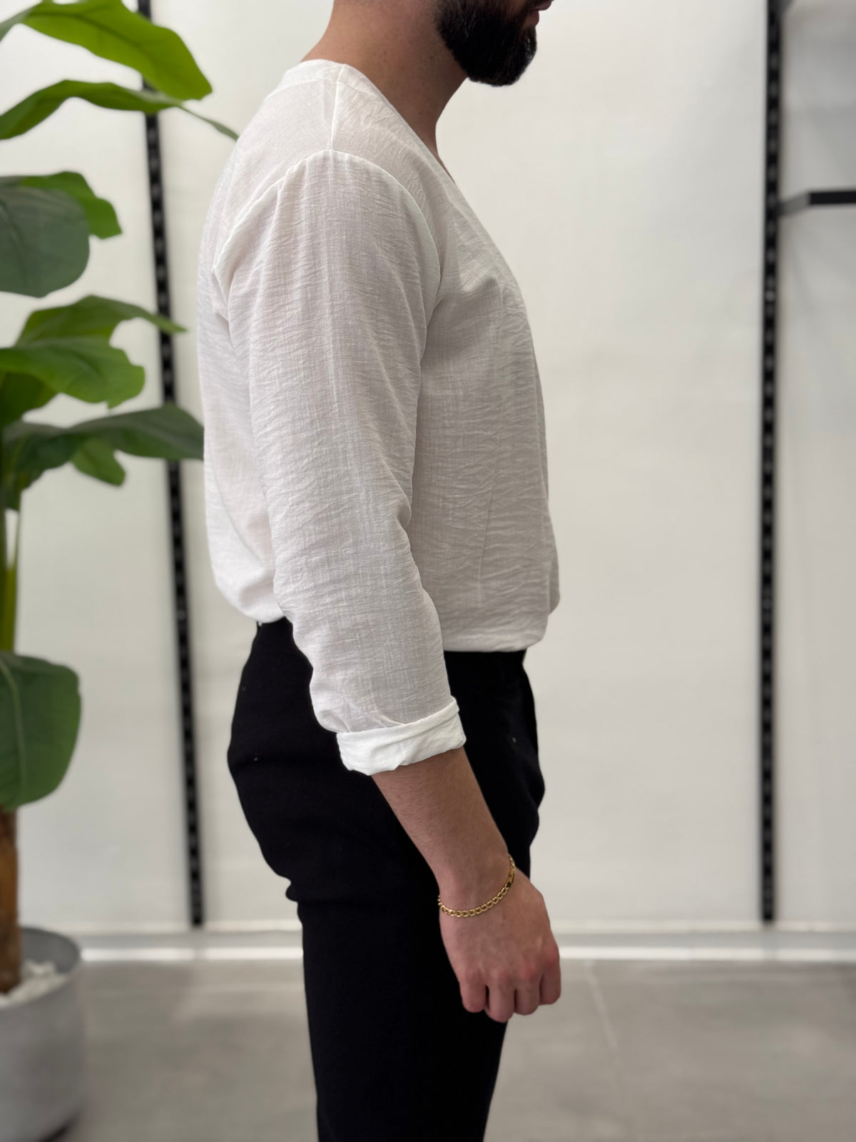 Linen Shirt with Korean Collar 