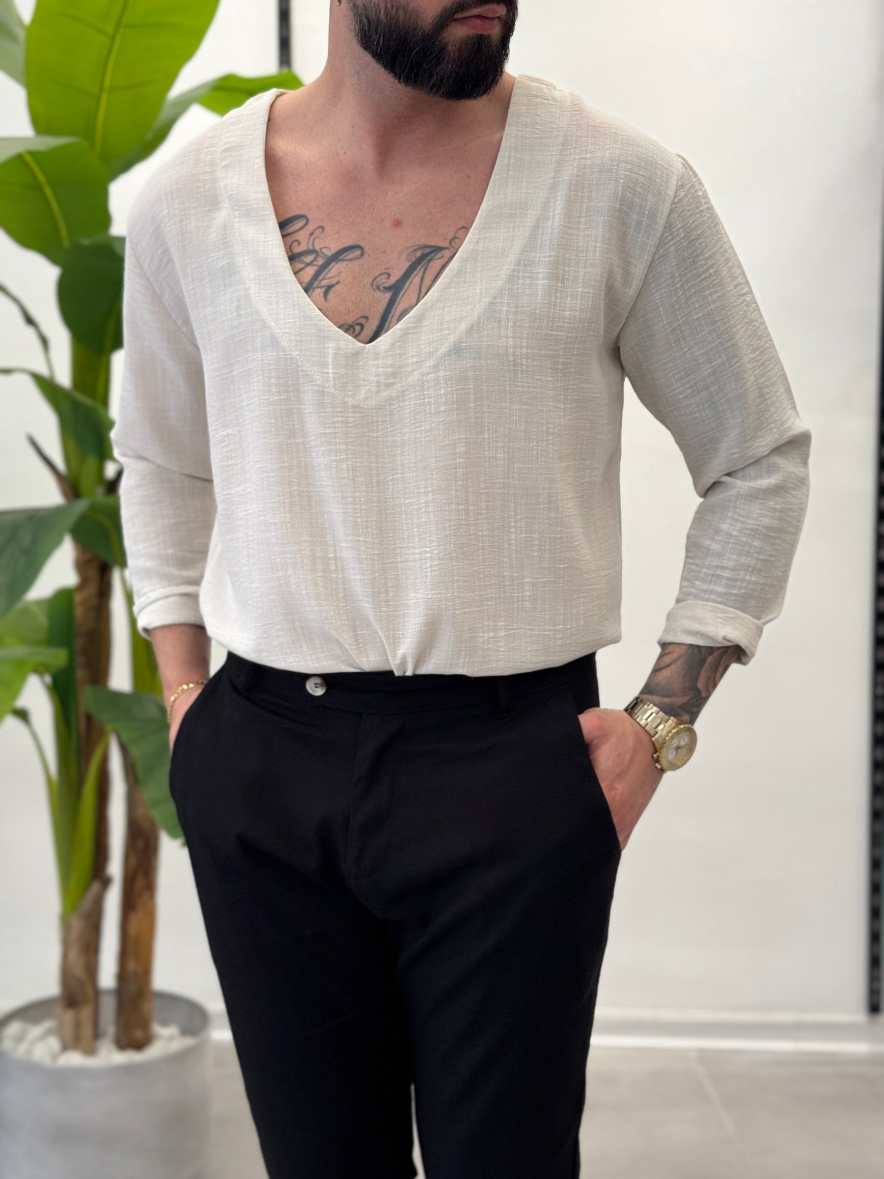 Linen Shirt with Korean Collar 
