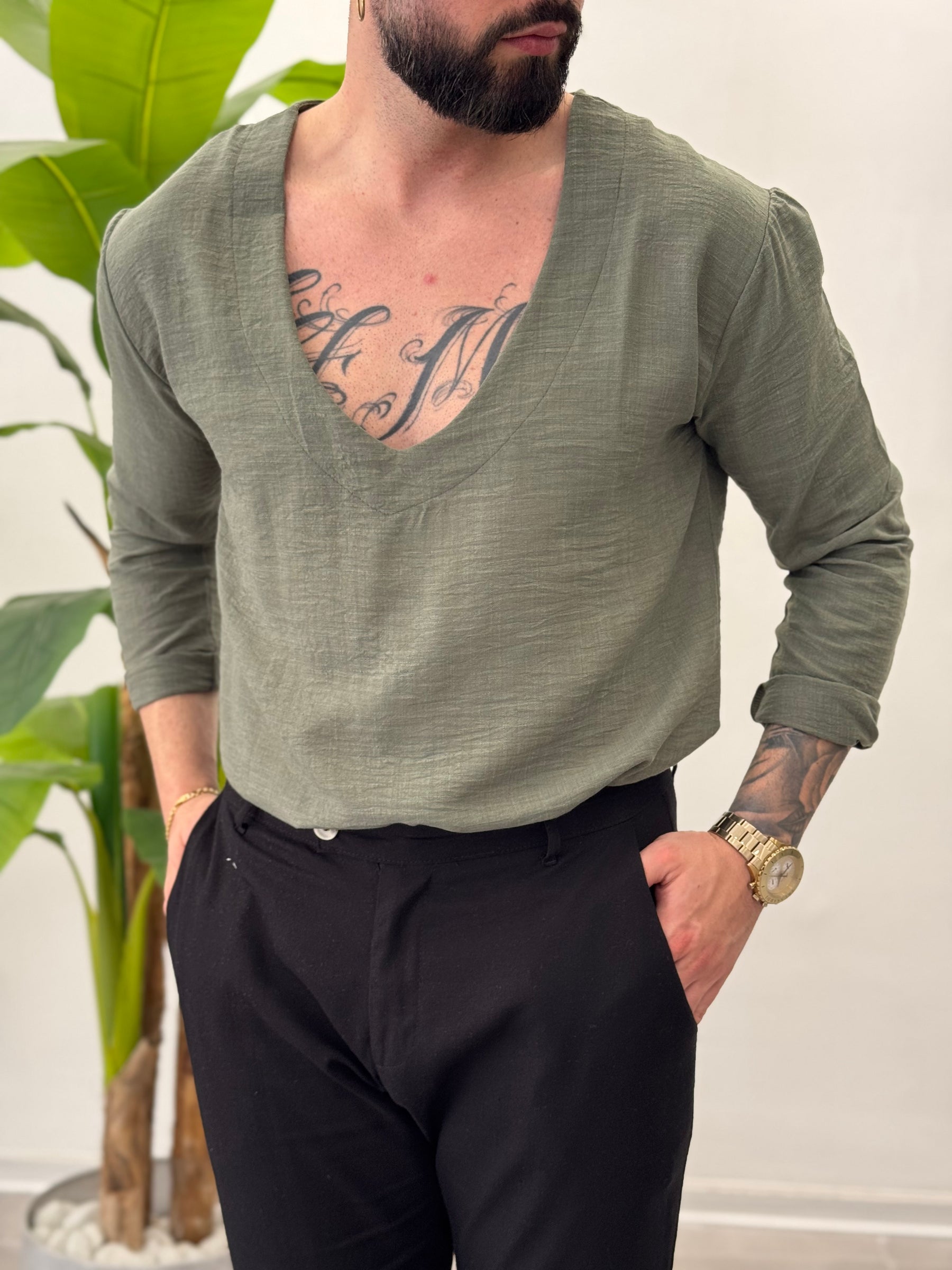 Linen Shirt with Korean Collar 