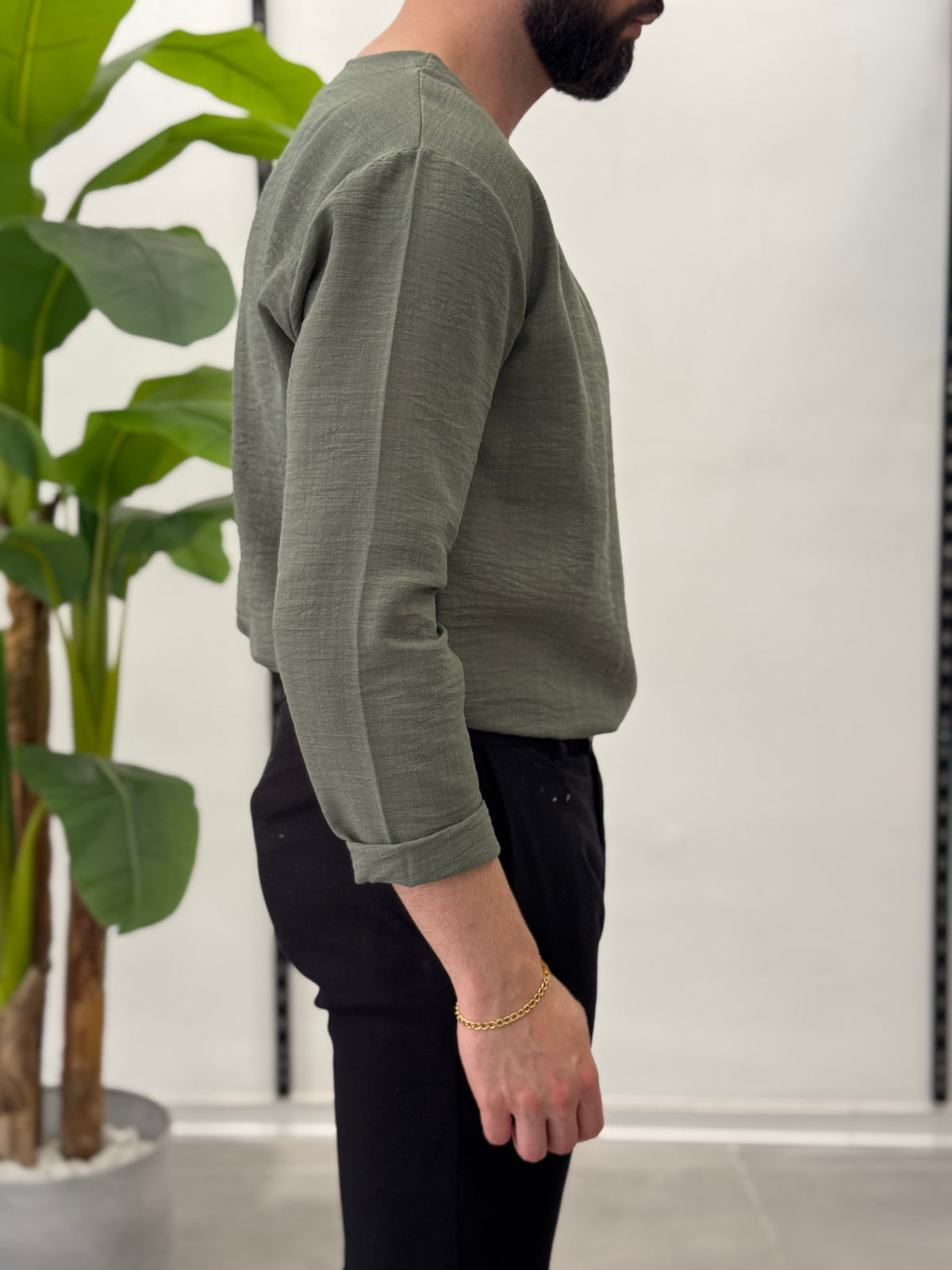 Linen Shirt with Korean Collar 