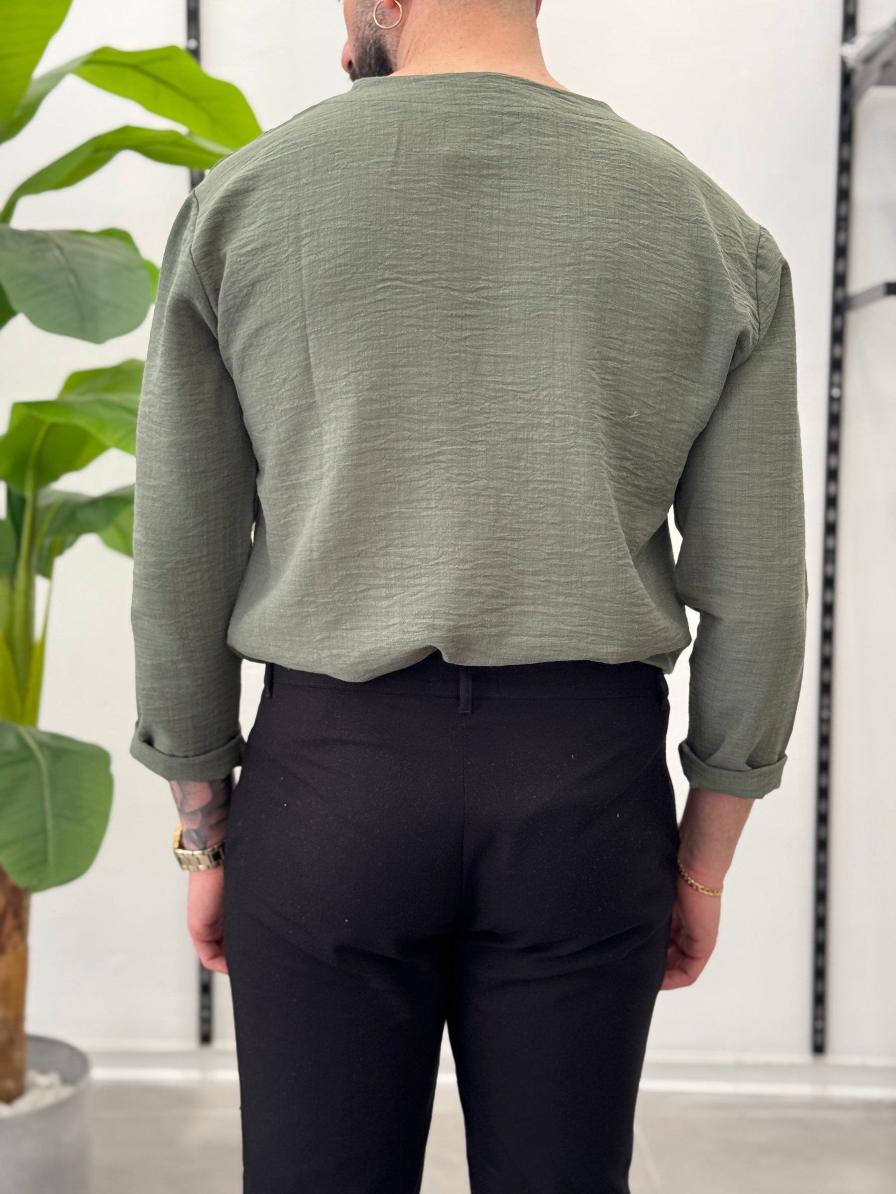 Linen Shirt with Korean Collar 