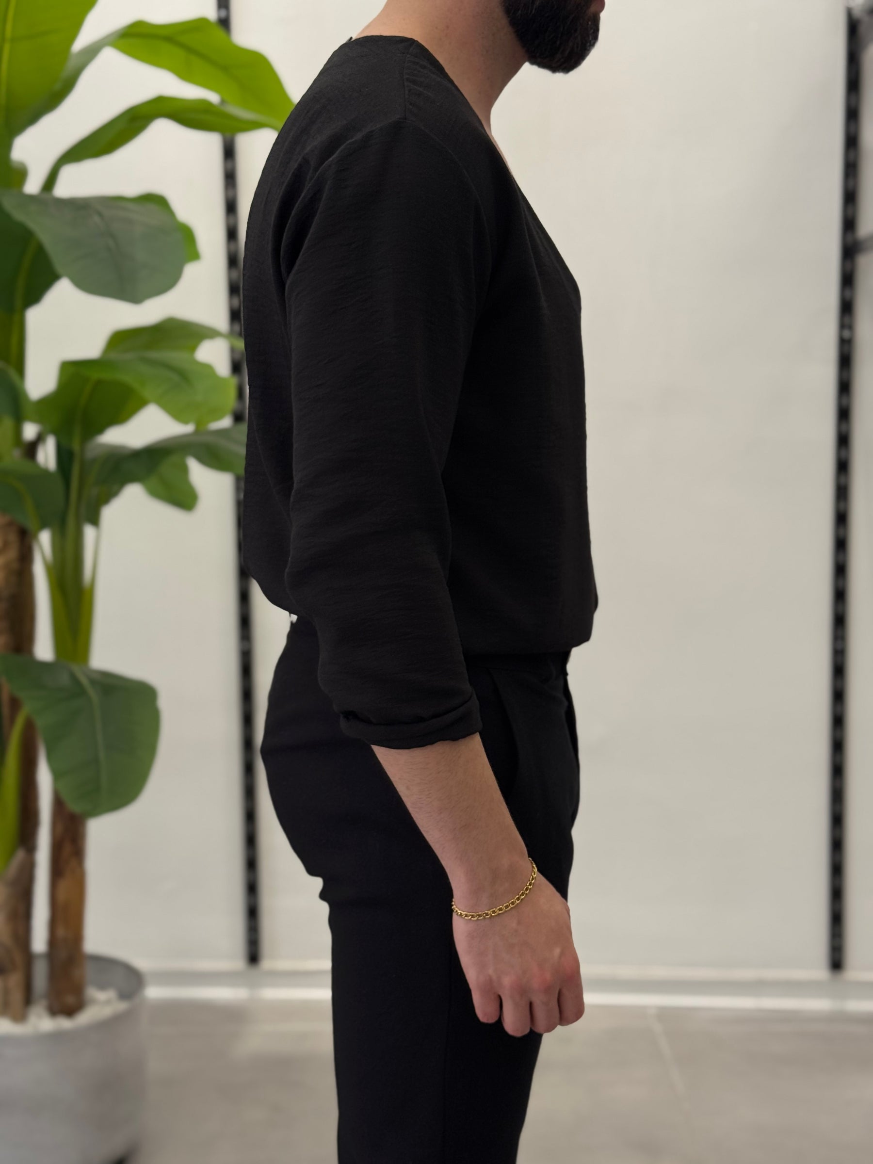 Linen Shirt with Korean Collar 