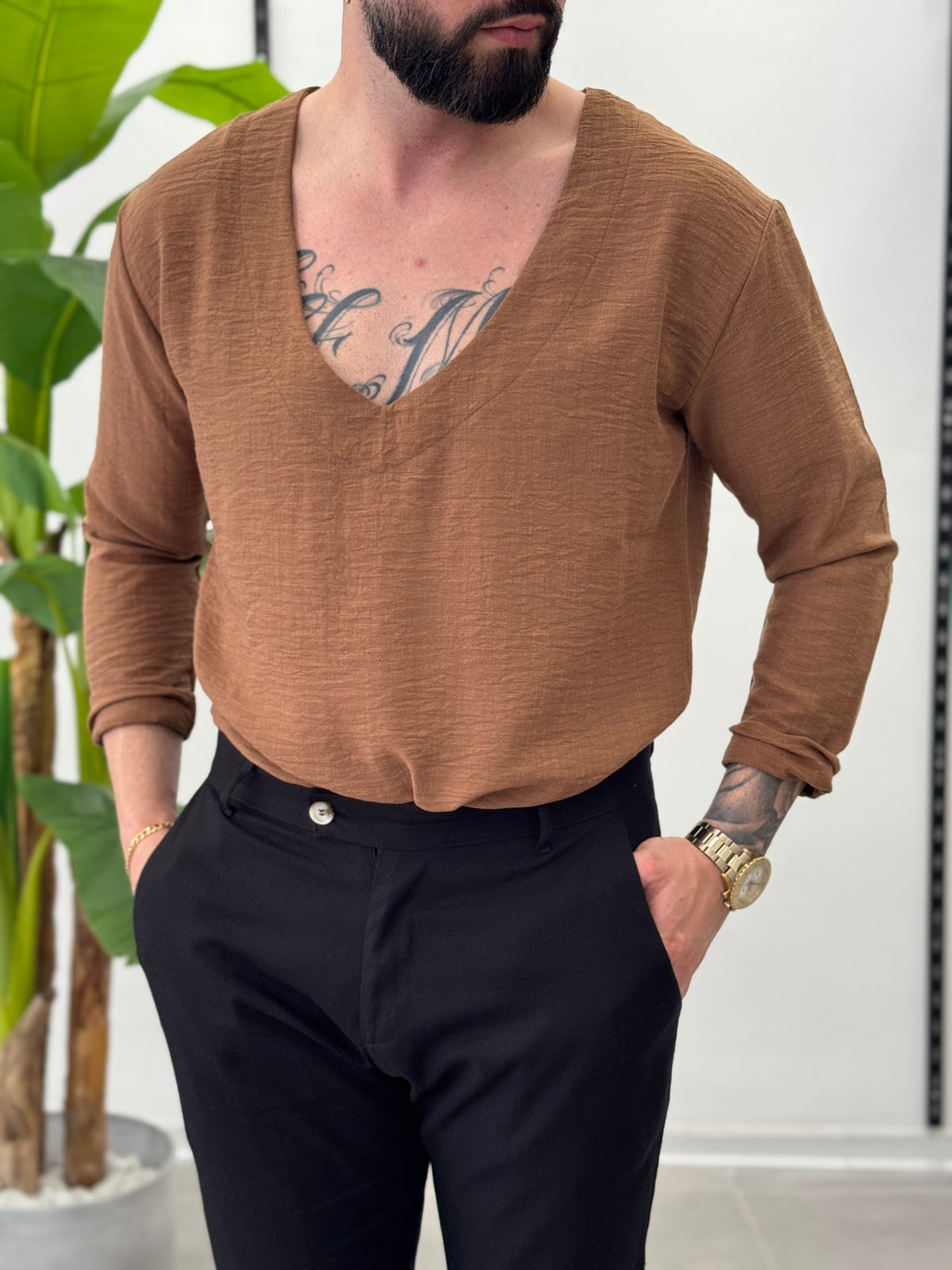 Linen Shirt with Korean Collar 