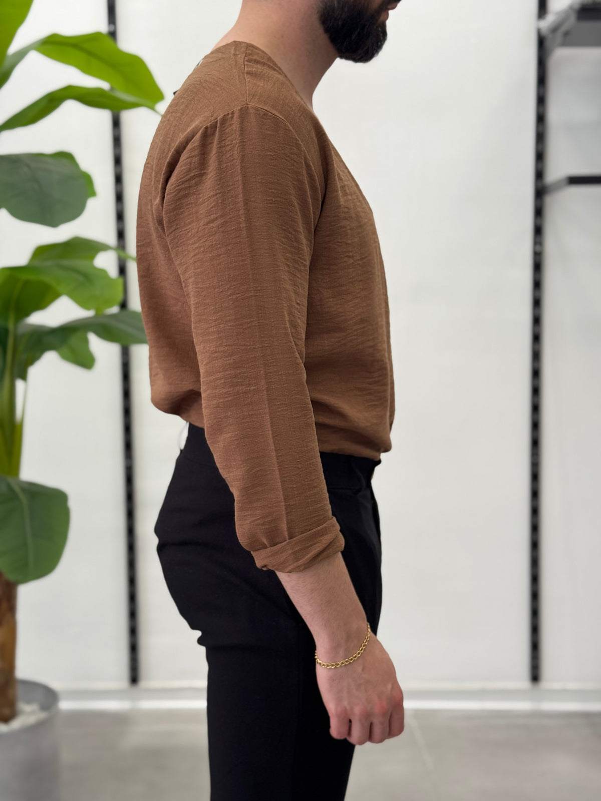 Linen Shirt with Korean Collar 
