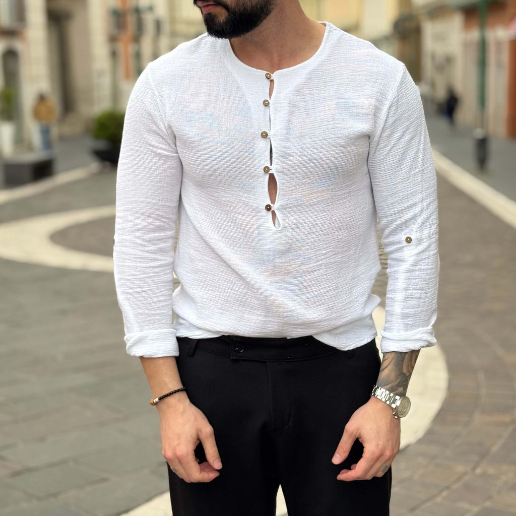 Maglia camicia bianca serafino con bottoni in legno - FLAG STORE