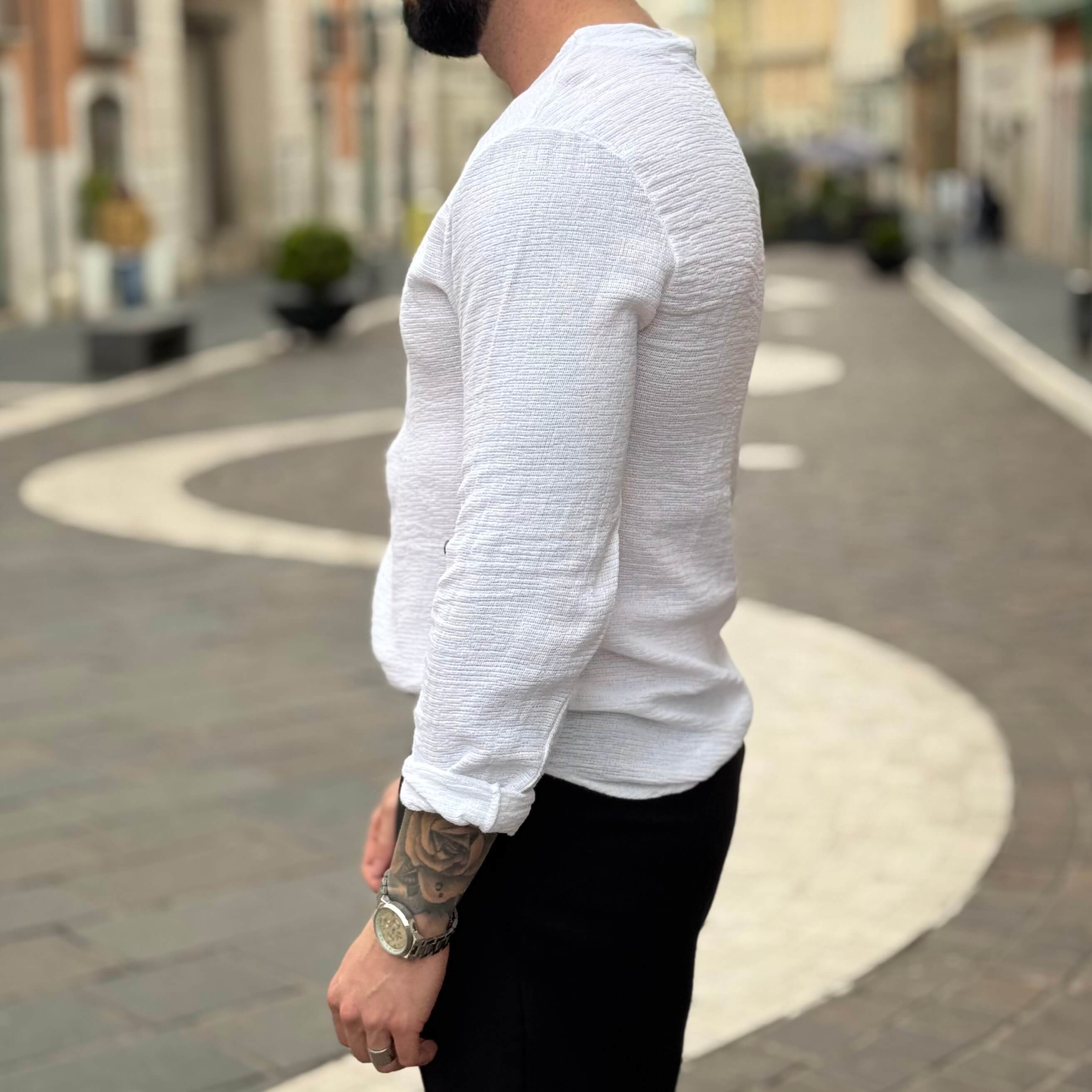 Maglia camicia bianca serafino con bottoni in legno - FLAG STORE