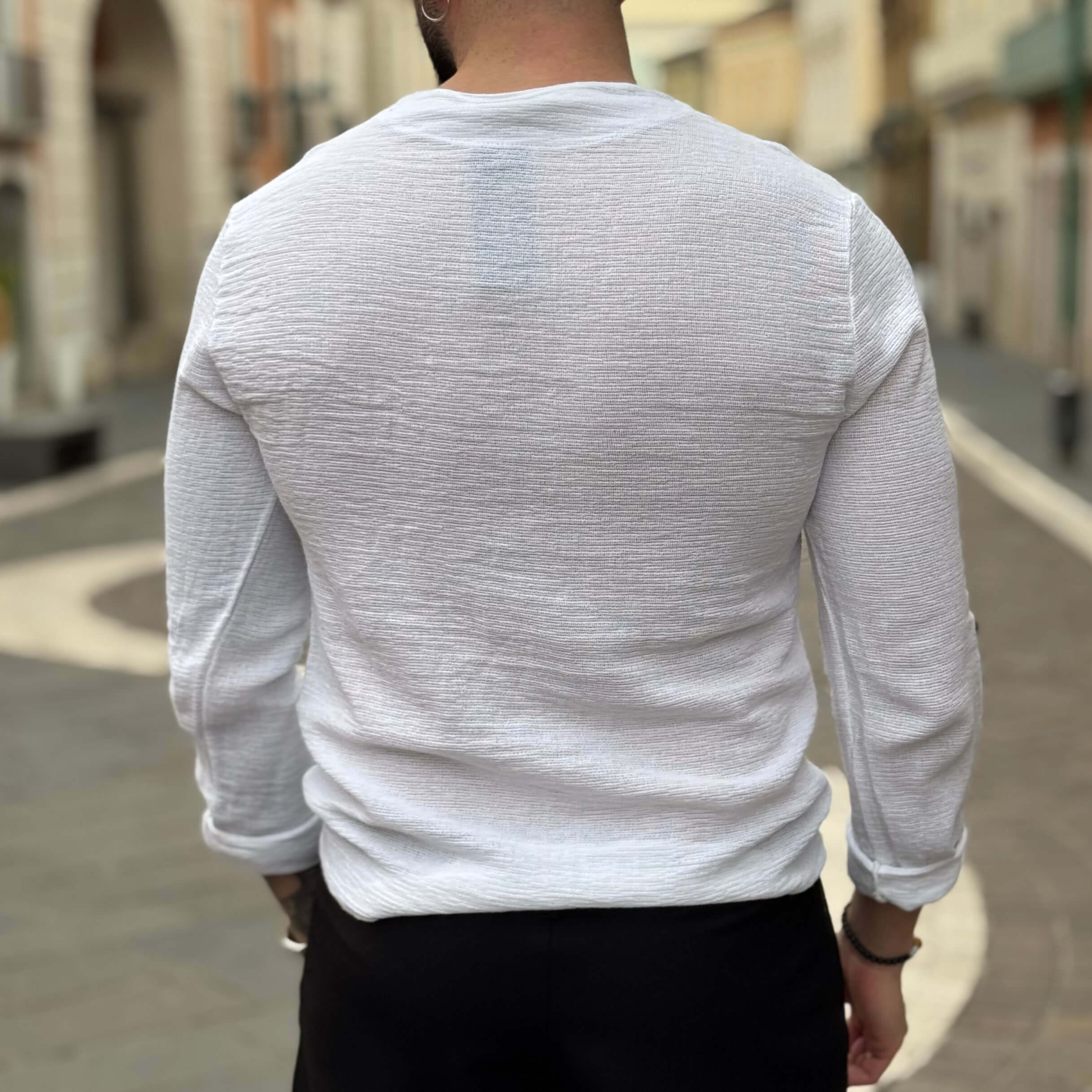 Maglia camicia bianca serafino con bottoni in legno - FLAG STORE