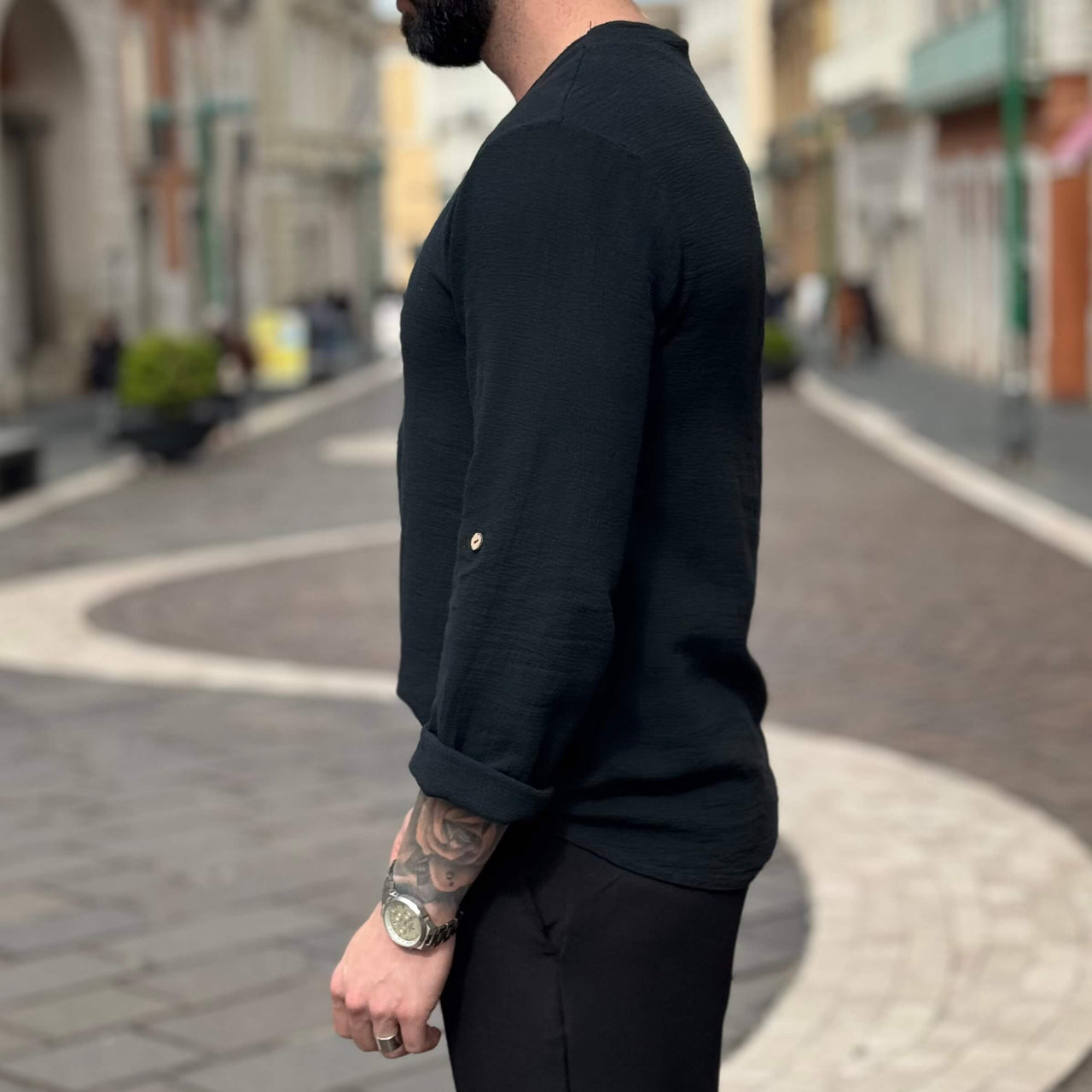 Maglia camicia nera serafino con bottoni in legno - FLAG STORE