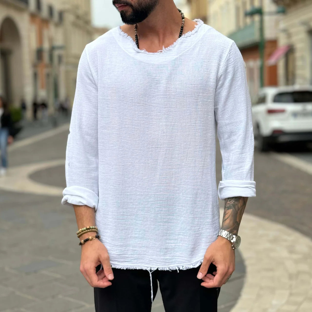 Maglia in filo con collo sfrangiato - FLAG STORE