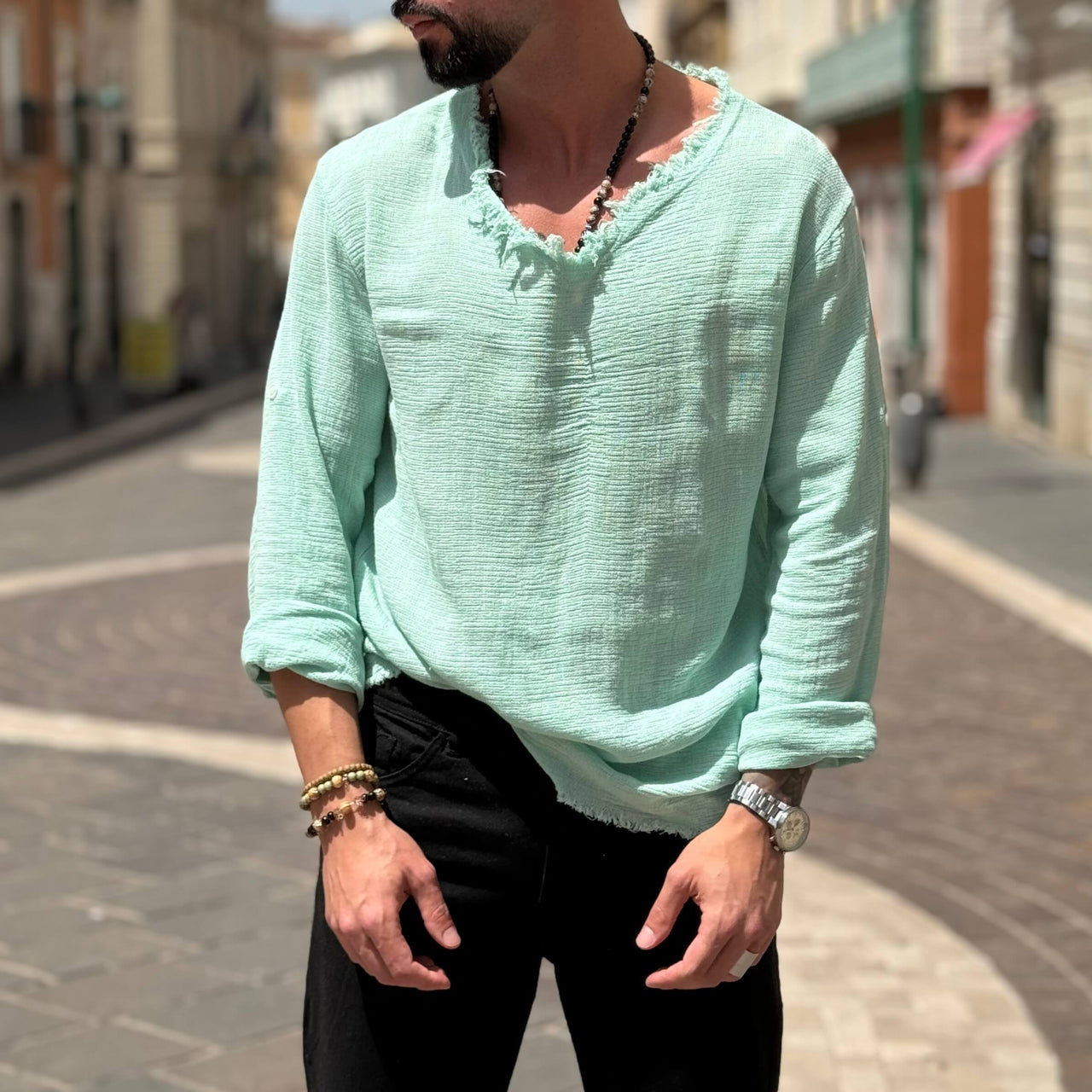 Maglia verde acqua in filo con collo sfrangiato - FLAG STORE