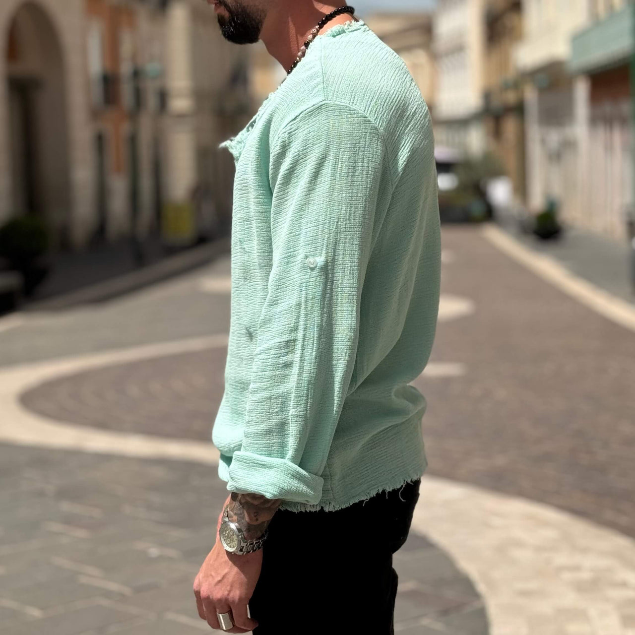 Maglia verde acqua in filo con collo sfrangiato - FLAG STORE