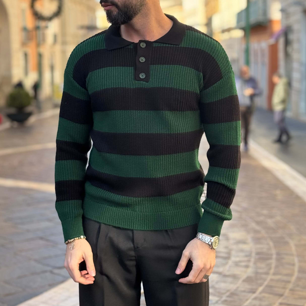 Maglioncino polo a righe nero verde - FLAG STORE