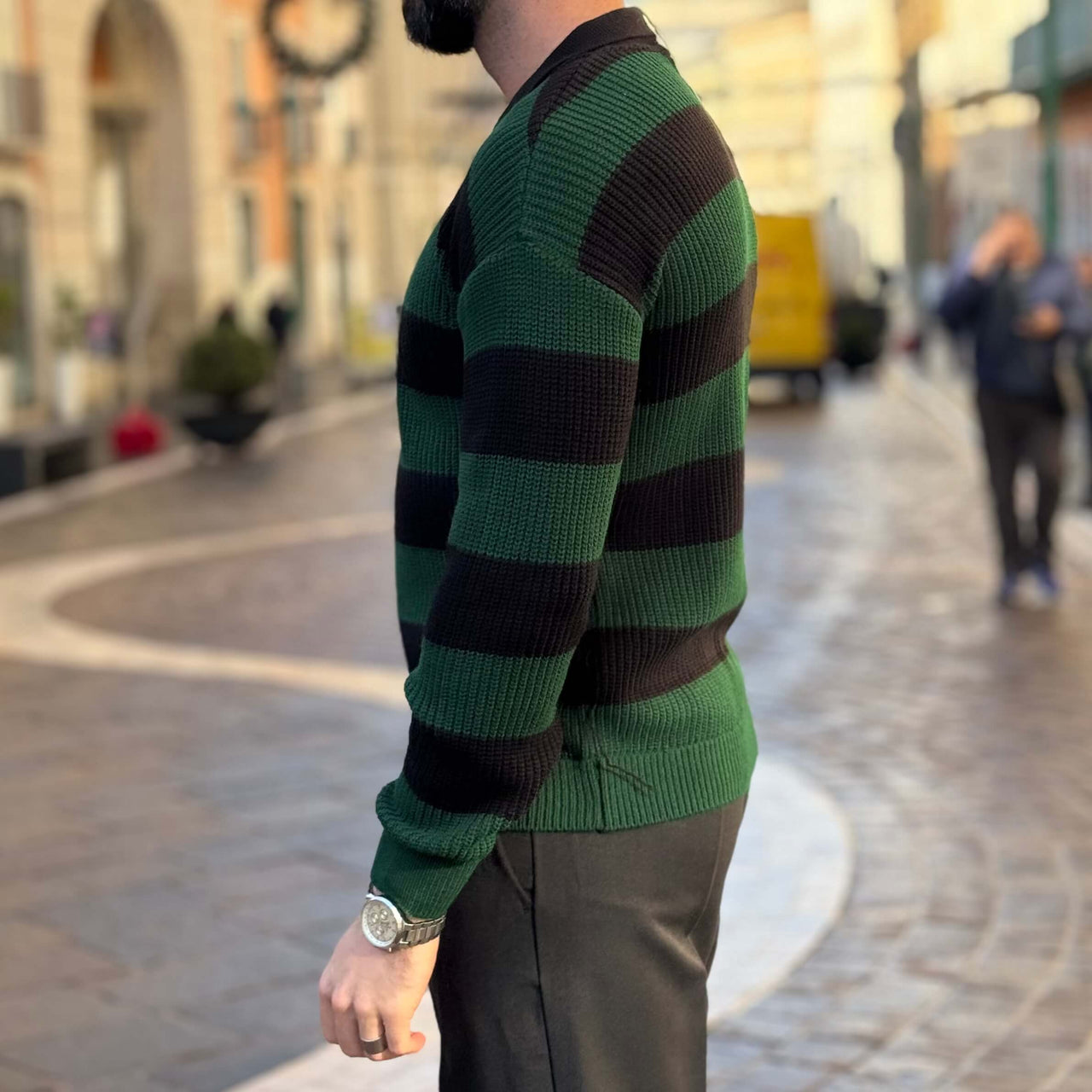 Maglioncino polo a righe nero verde - FLAG STORE