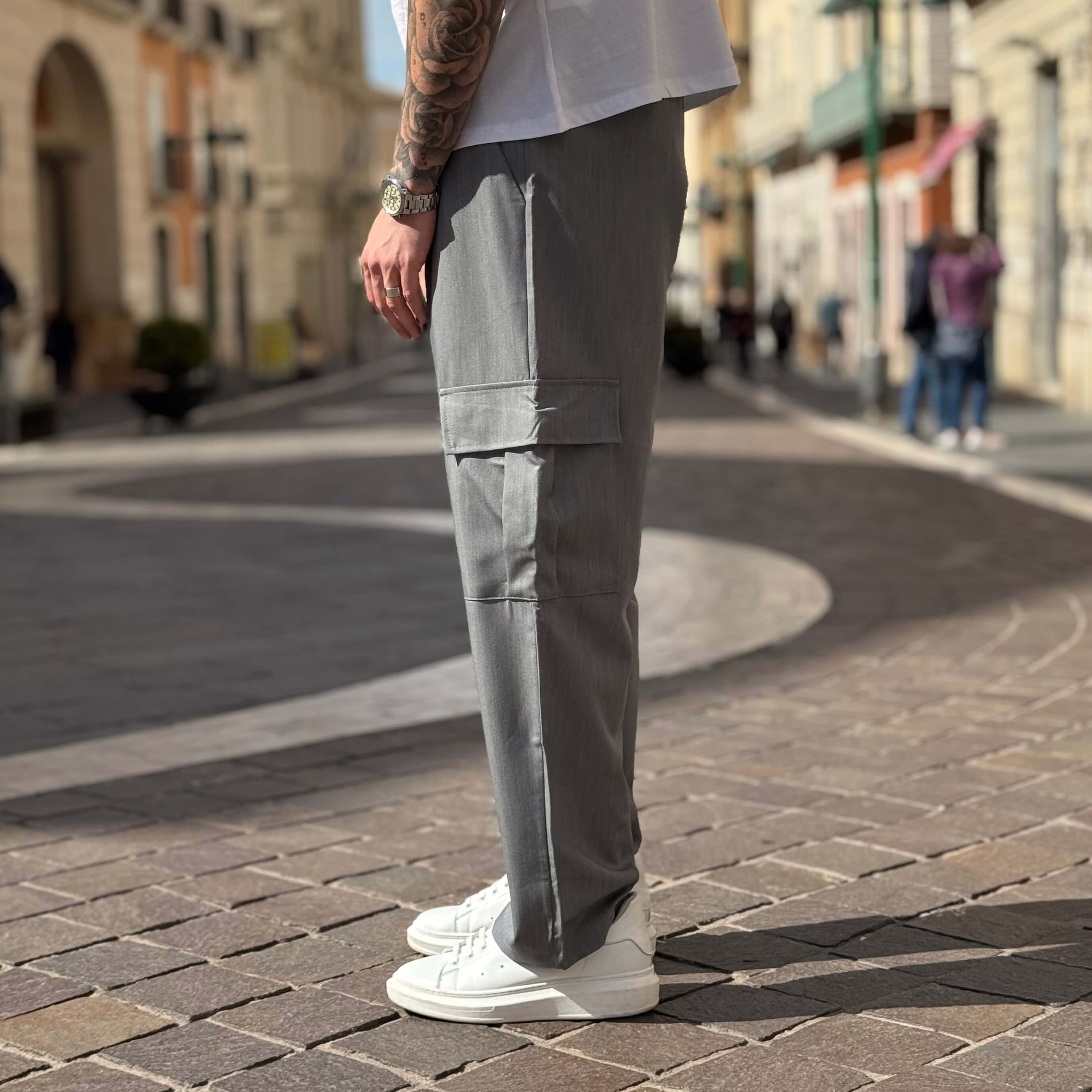 Pantalaccio tasconato cargo gamba larga grigio - FLAG STORE