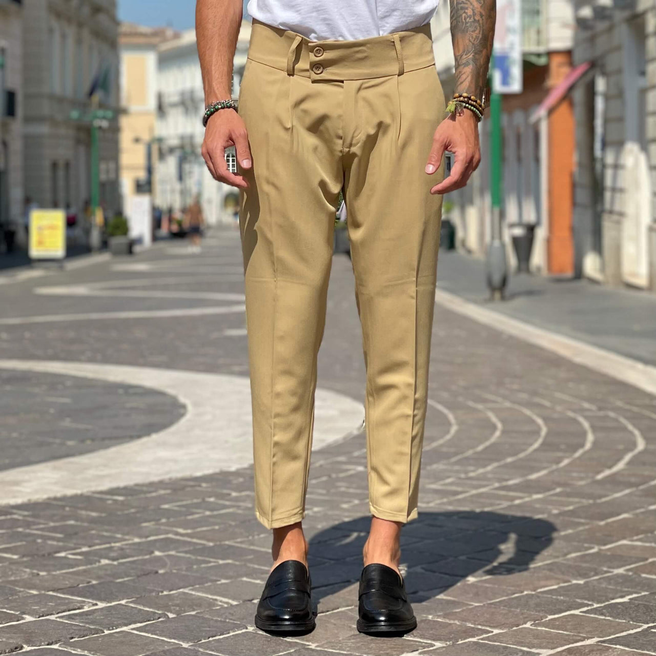 Pantalone beige con Doppio Bottone - FLAG STORE