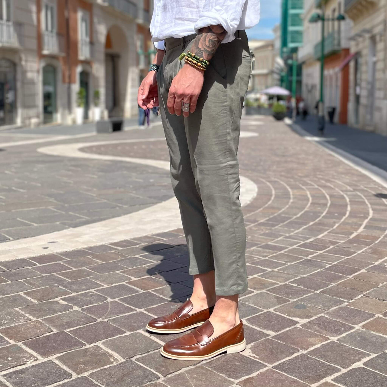 Pantalone con bottone di lino Verde - FLAG STORE