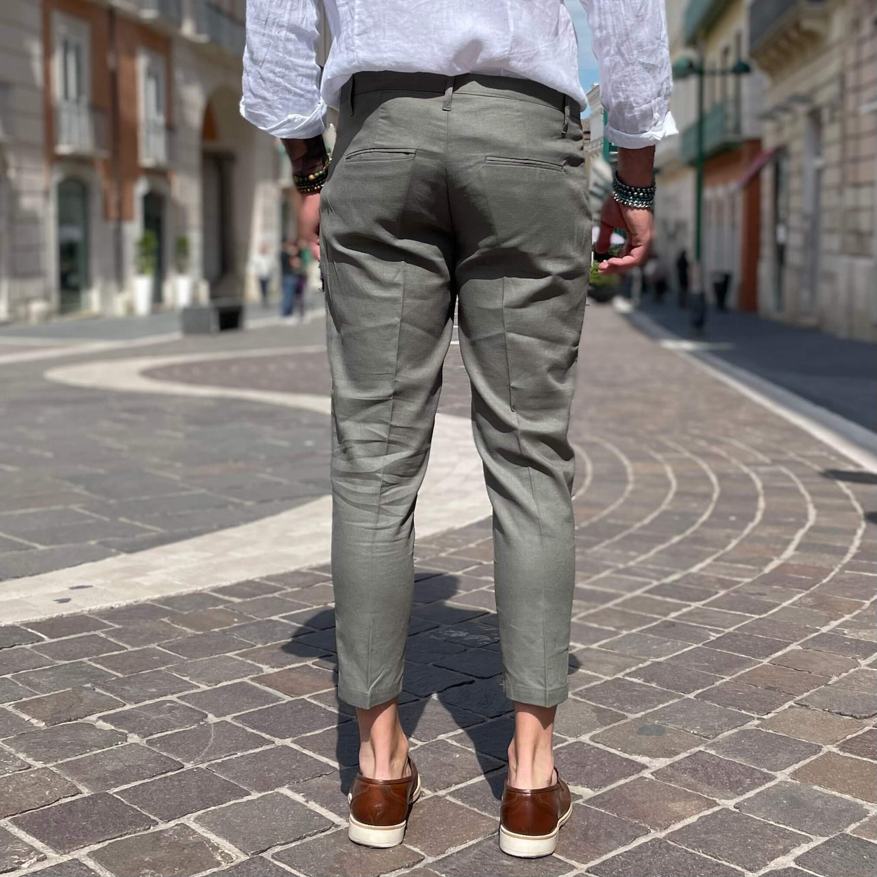 Pantalone con bottone di lino Verde - FLAG STORE