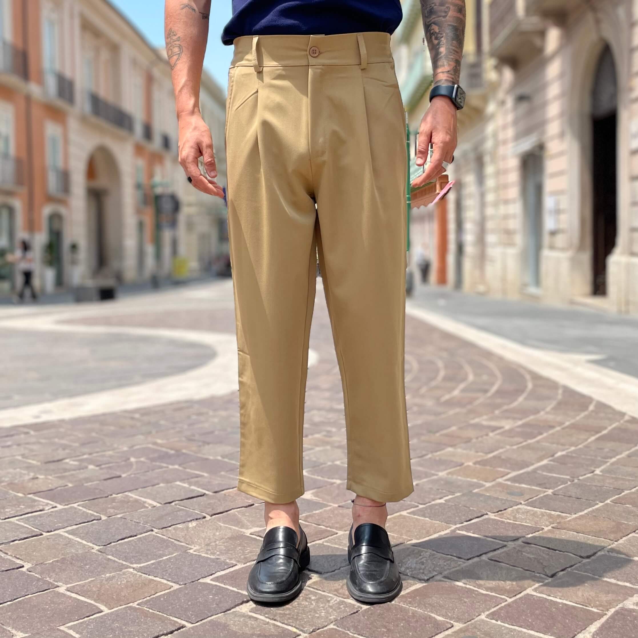 Pantalone con bottone e coulisse beige dorato - FLAG STORE