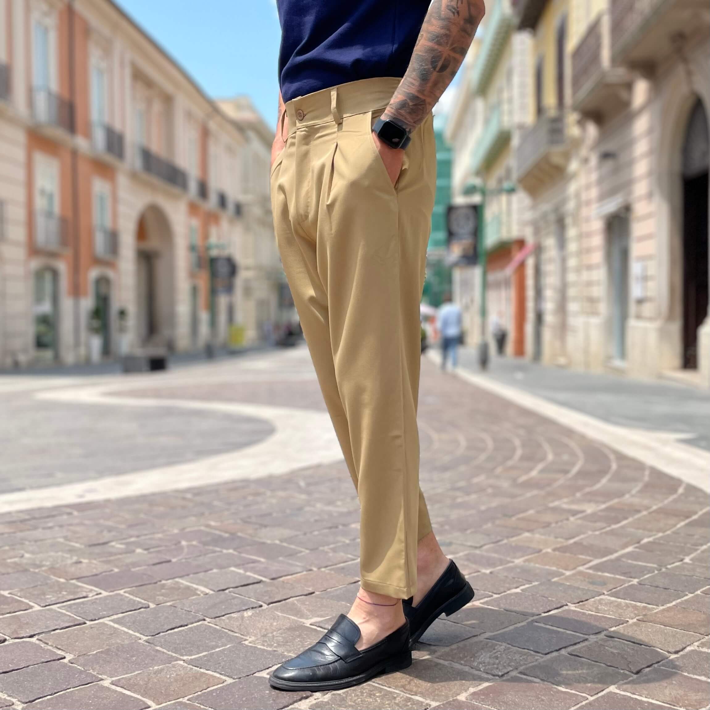 Pantalone con bottone e coulisse beige dorato - FLAG STORE