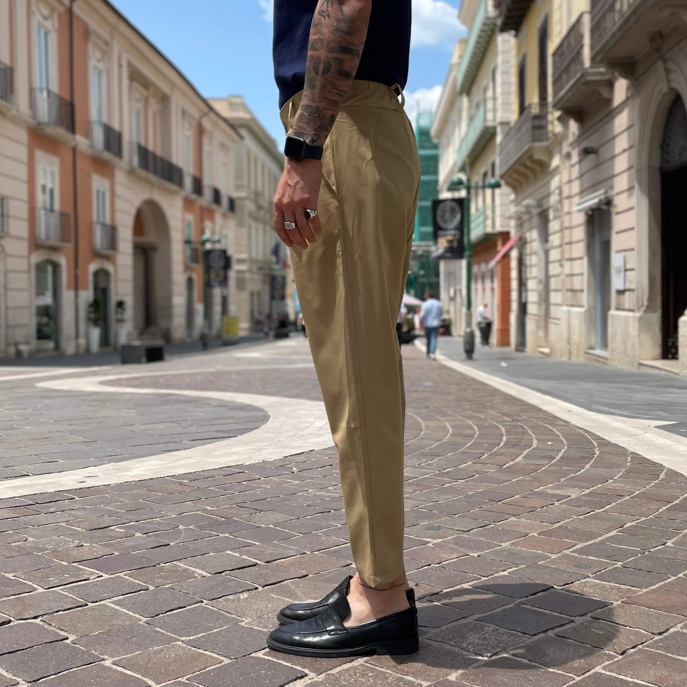 Pantalone con bottone e coulisse beige dorato - FLAG STORE