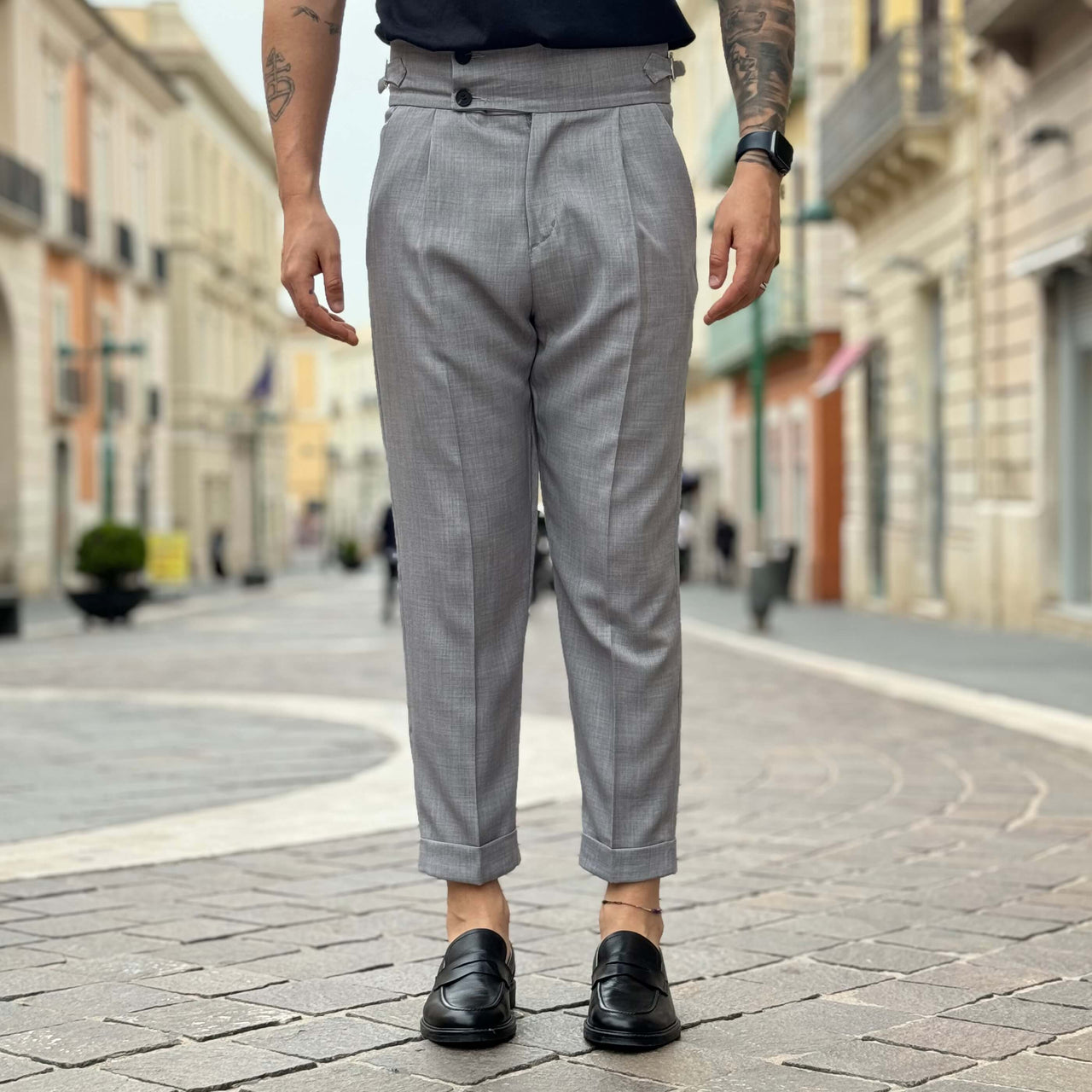 Pantalone grigio a vita alta con cinturini 2.0 - FLAG STORE