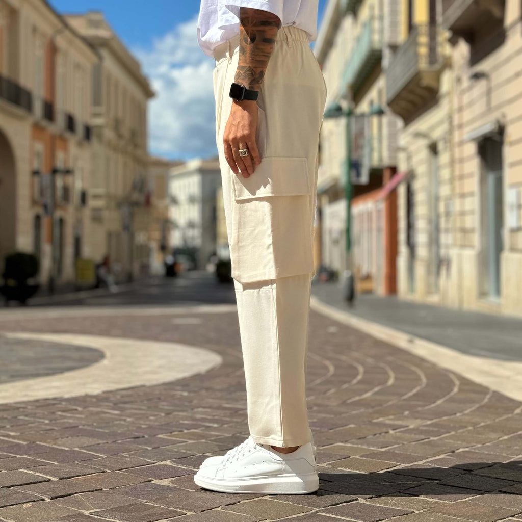 Pantalone tasconato gamba larga crema - FLAG STORE