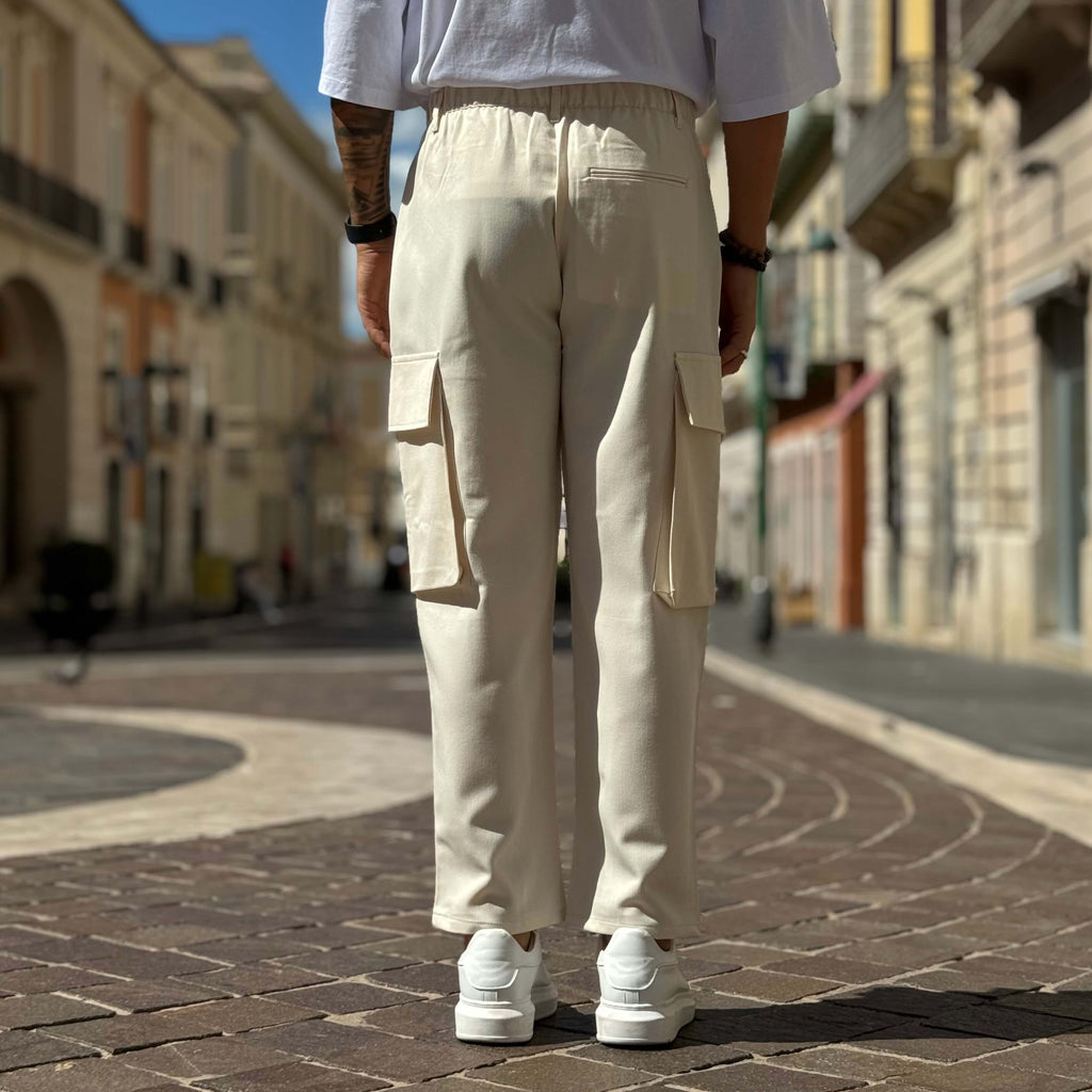 Pantalone tasconato gamba larga crema - FLAG STORE