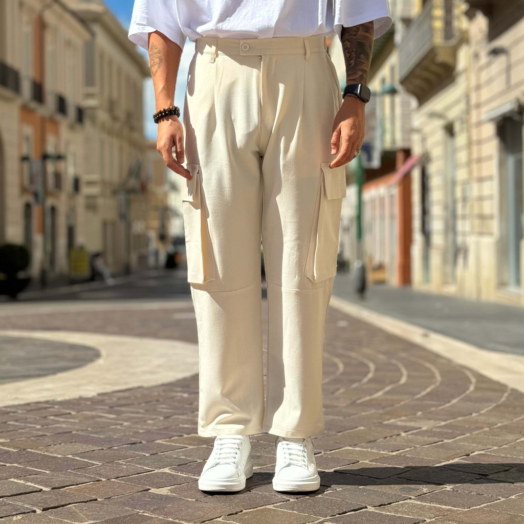 Pantalone tasconato gamba larga crema - FLAG STORE