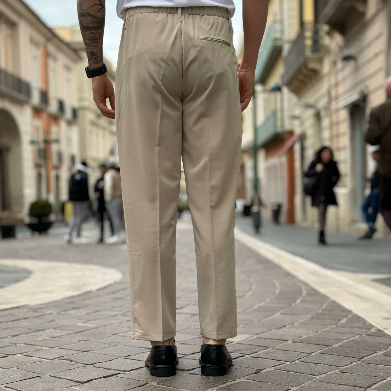 Pantalone vita alta con bottone e coulisse beige chiaro - FLAG STORE