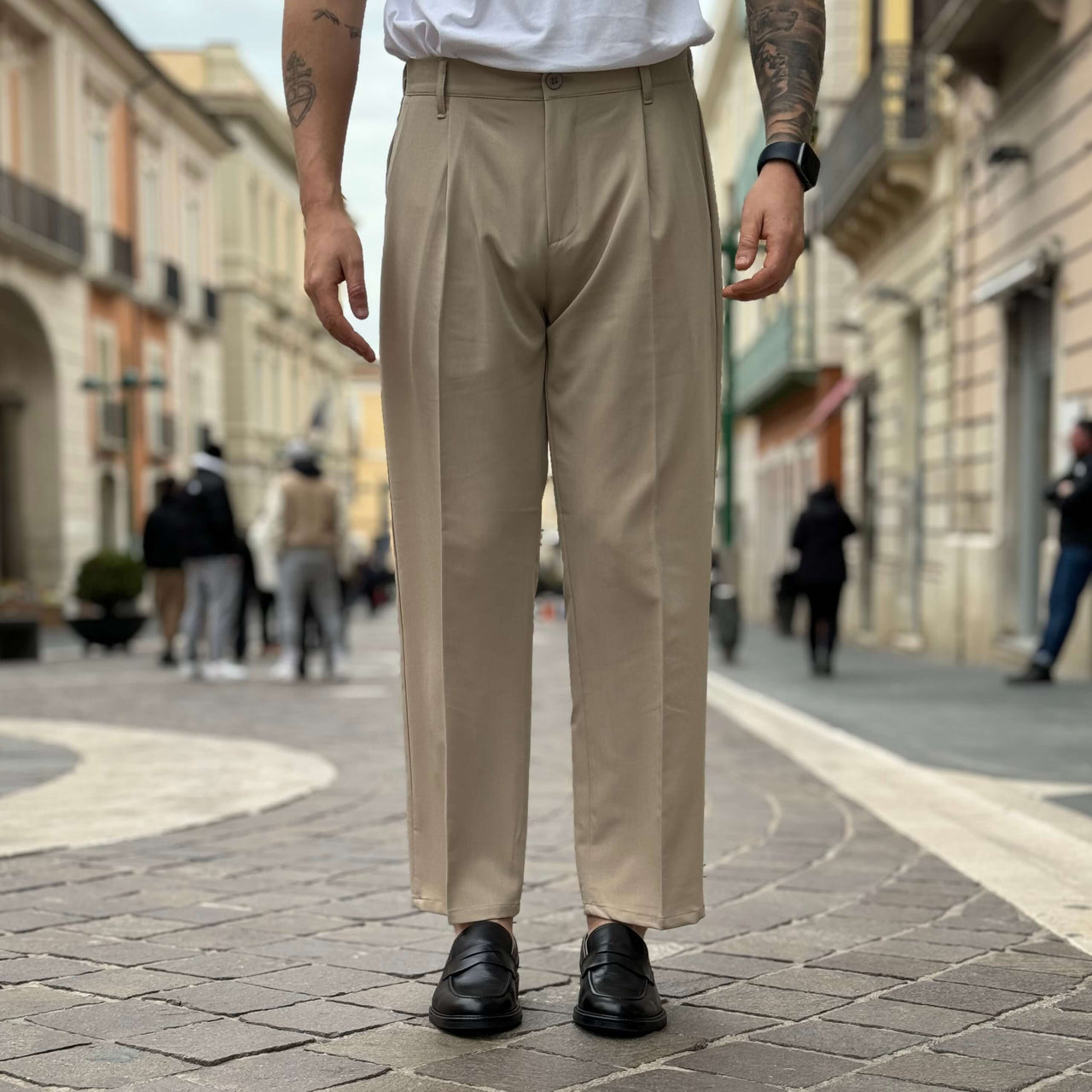 Pantalone vita alta con bottone e coulisse beige chiaro - FLAG STORE