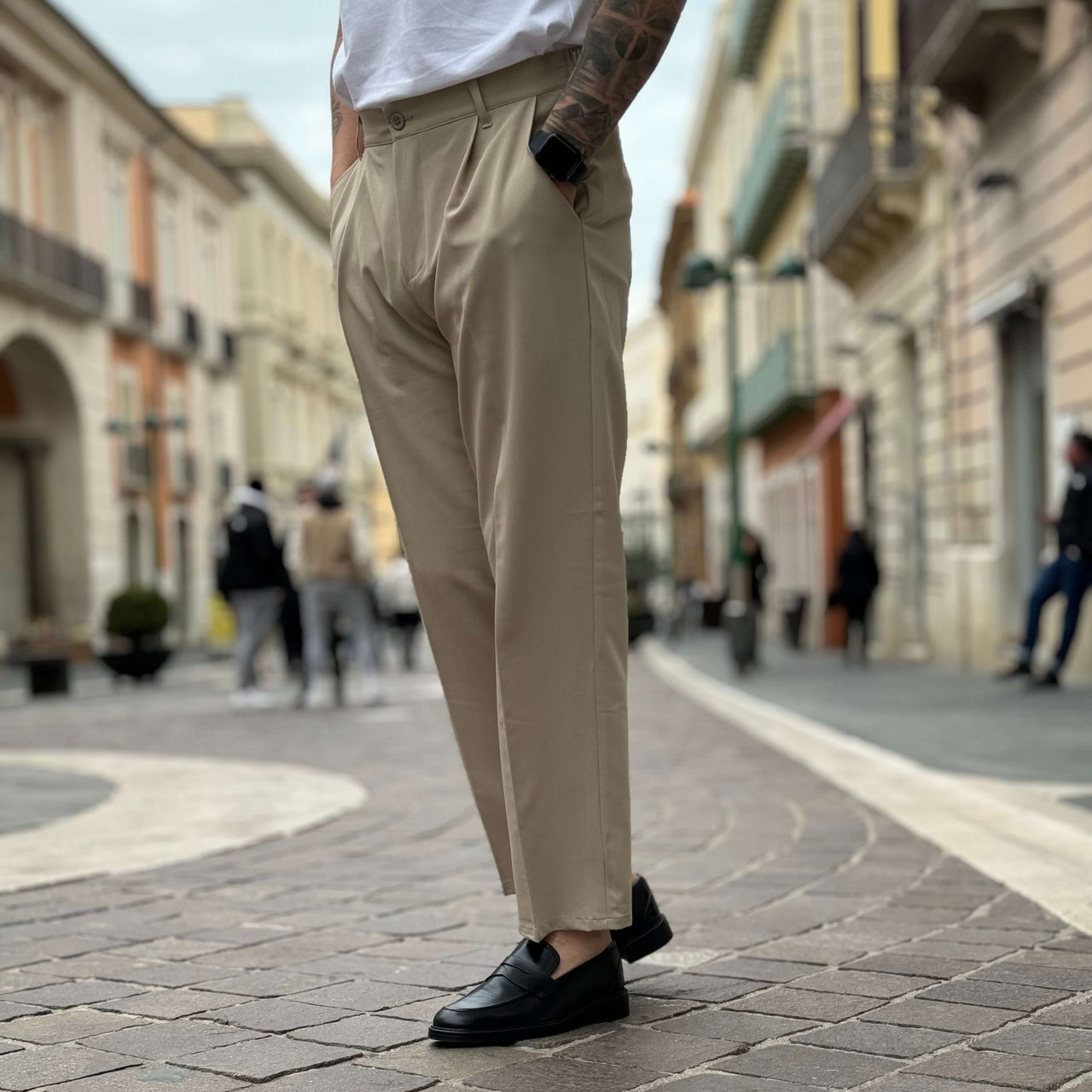 Pantalone vita alta con bottone e coulisse beige chiaro - FLAG STORE