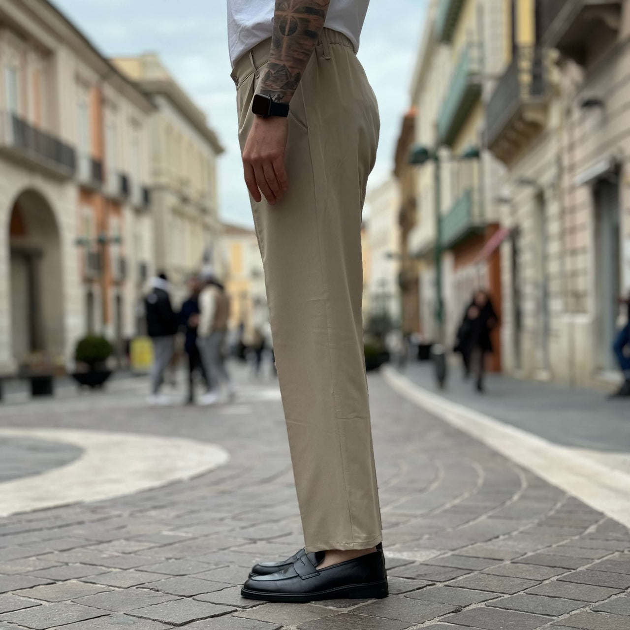 Pantalone vita alta con bottone e coulisse beige chiaro - FLAG STORE