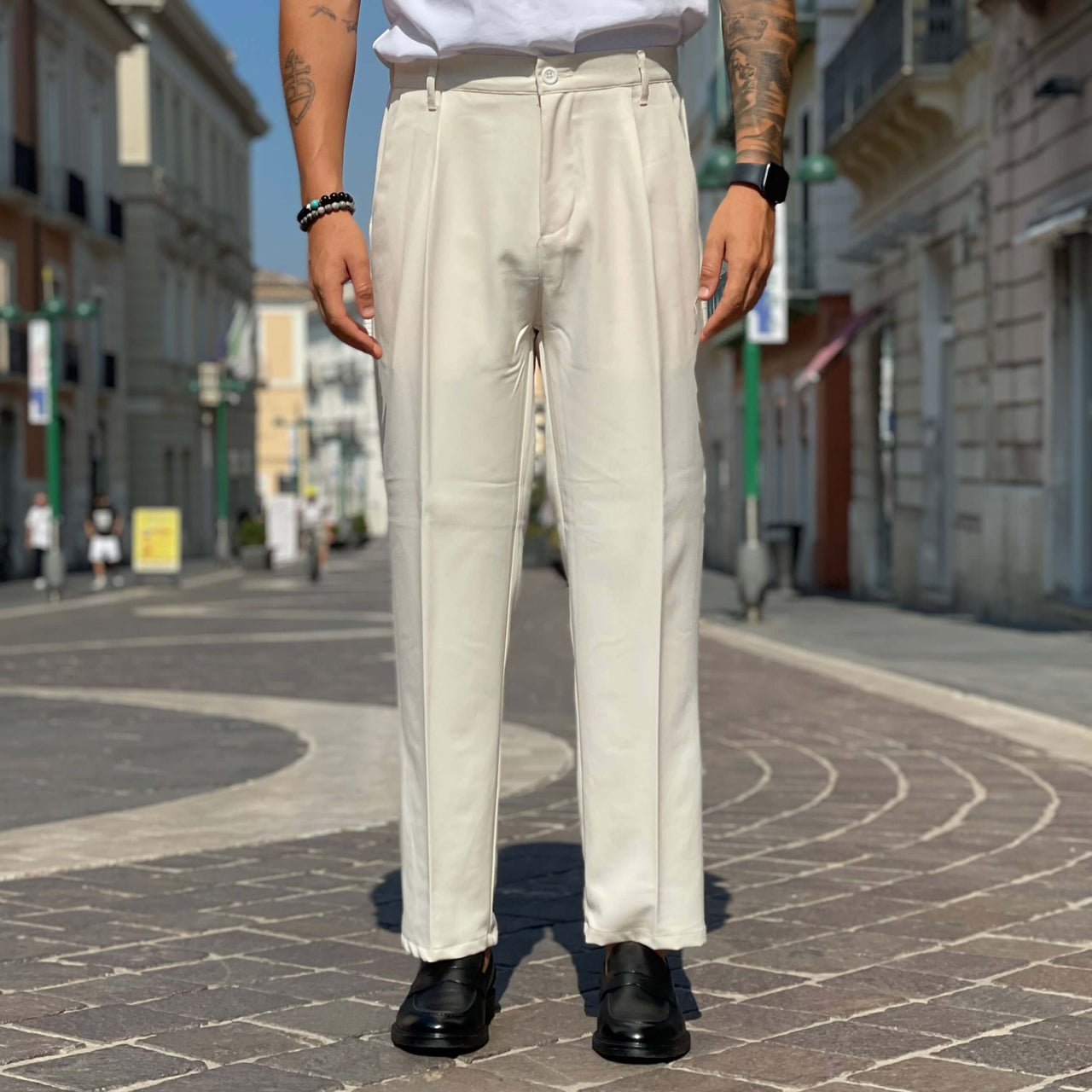 Pantalone vita alta con bottone e coulisse crema - FLAG STORE