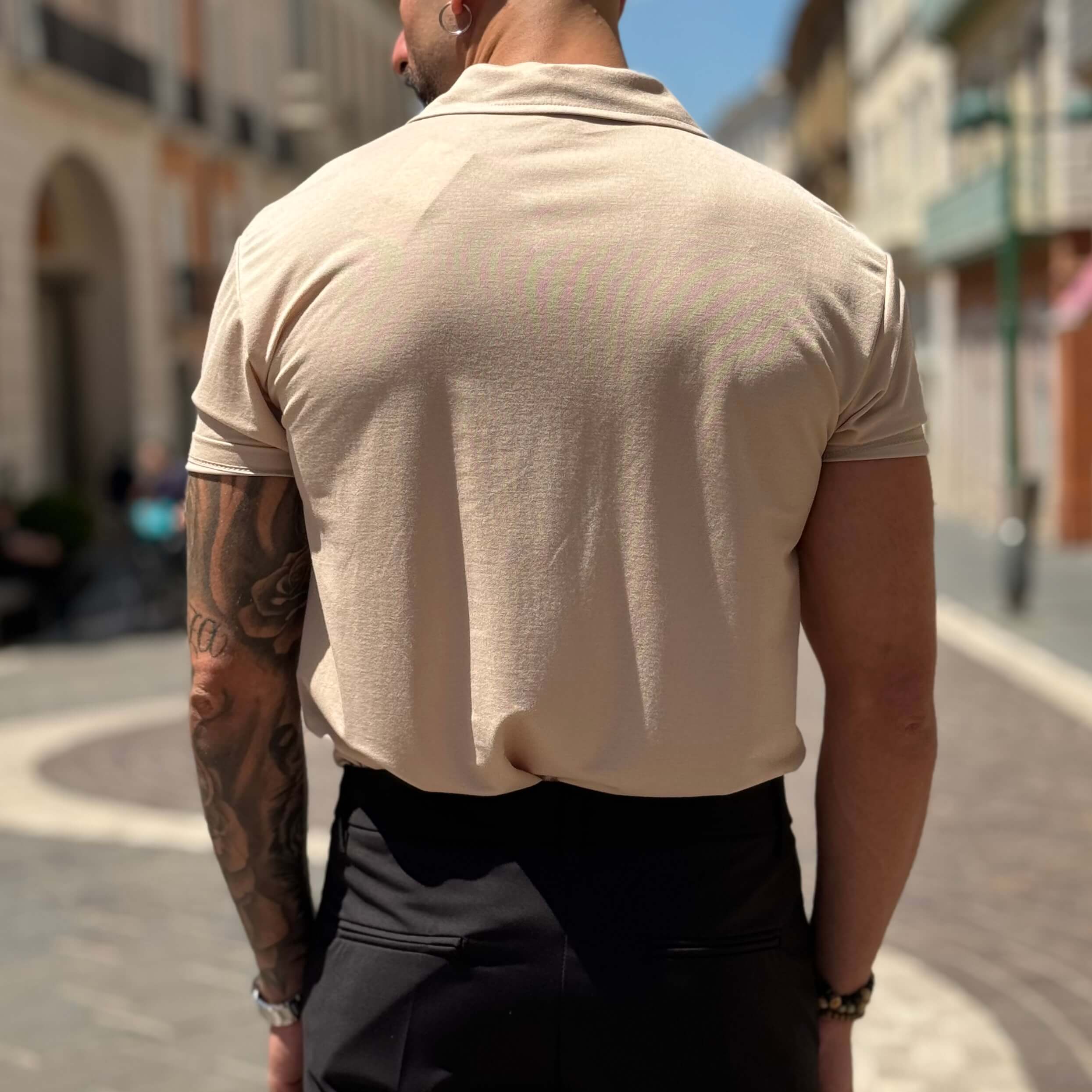 Polo beige mezza manica scollo a V senza bottoni - FLAG STORE