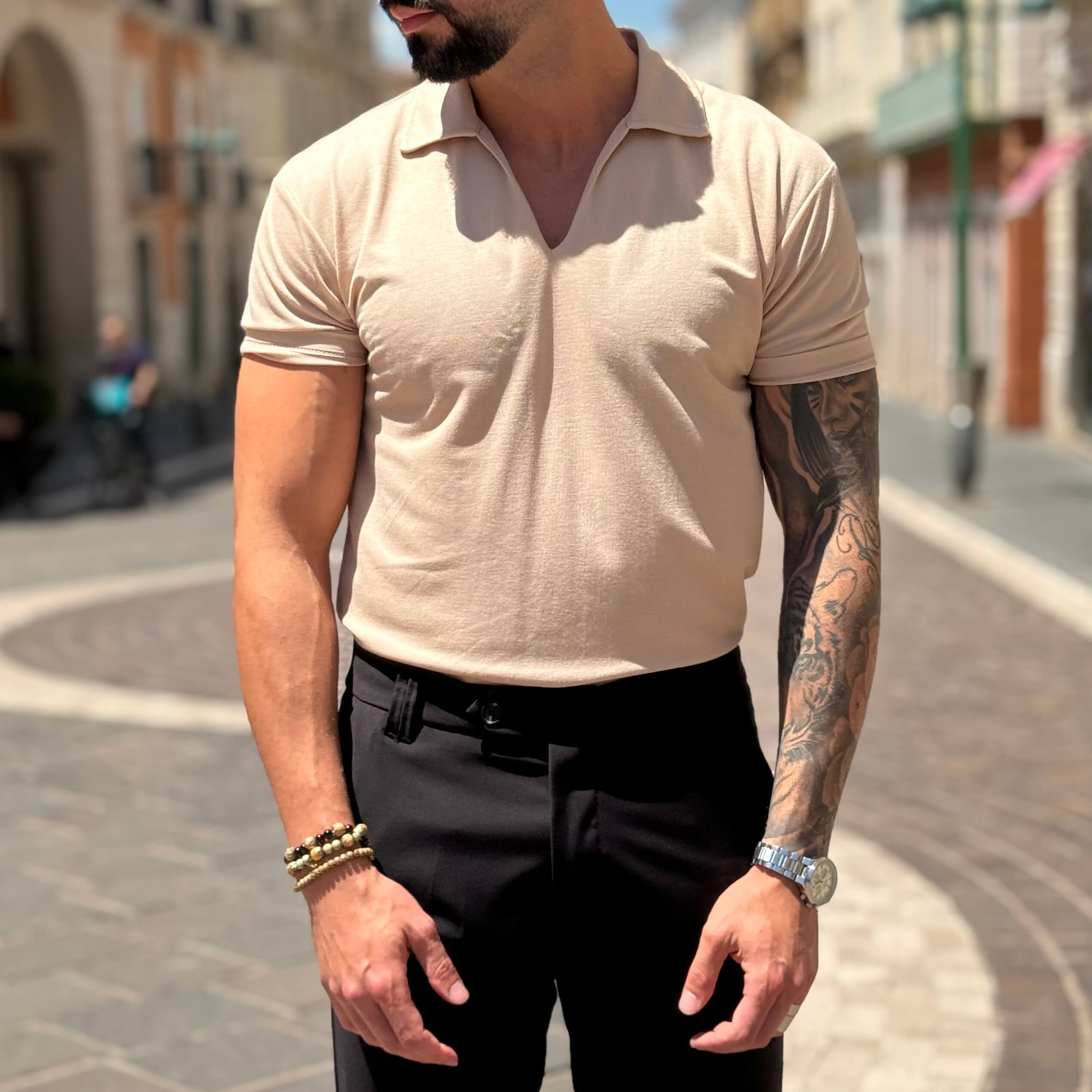 Polo beige mezza manica scollo a V senza bottoni - FLAG STORE