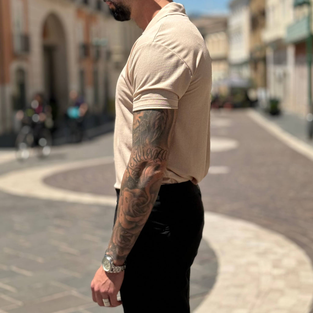 Polo beige mezza manica scollo a V senza bottoni - FLAG STORE