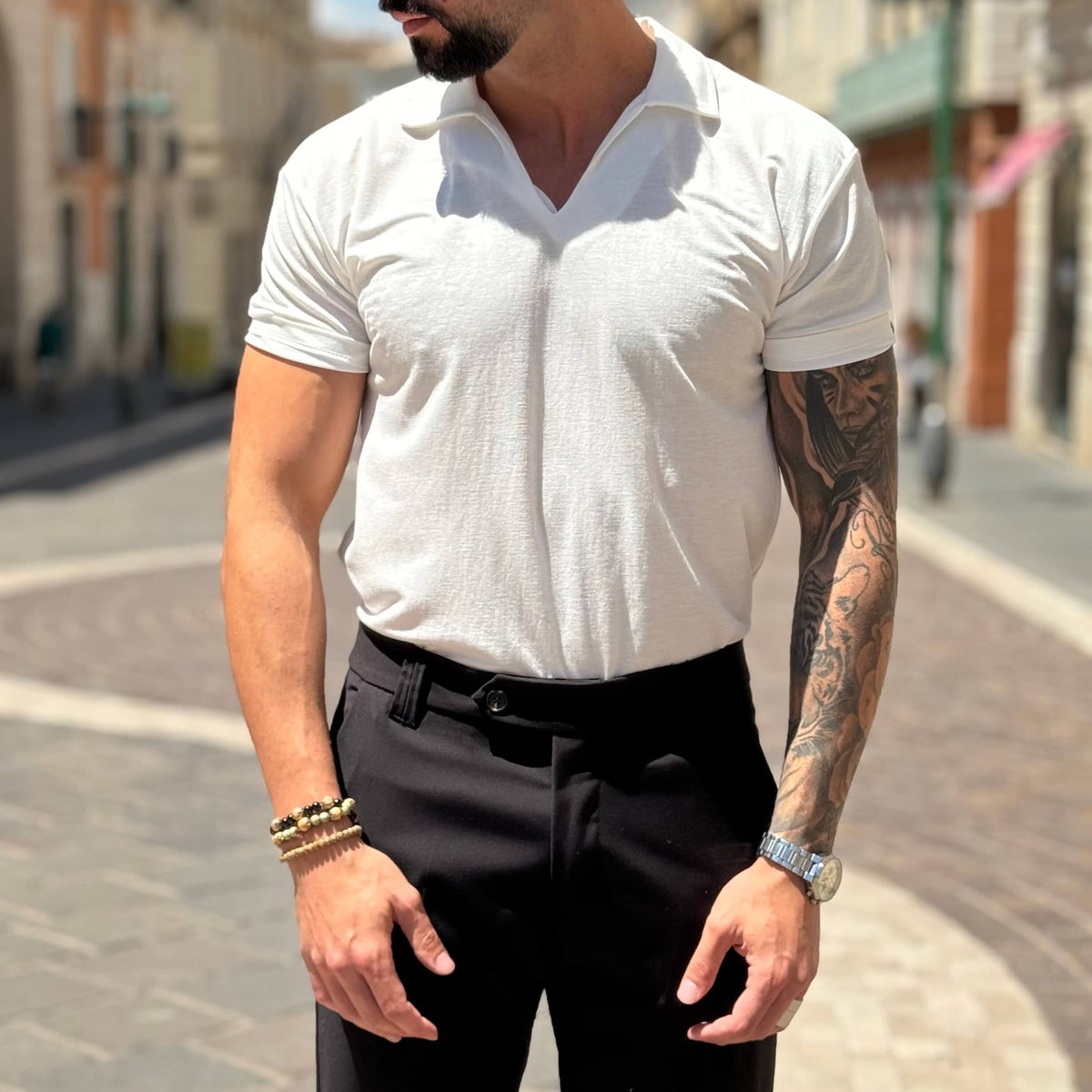 White V-neck, short-sleeved polo shirt without buttons - FLAG STORE
