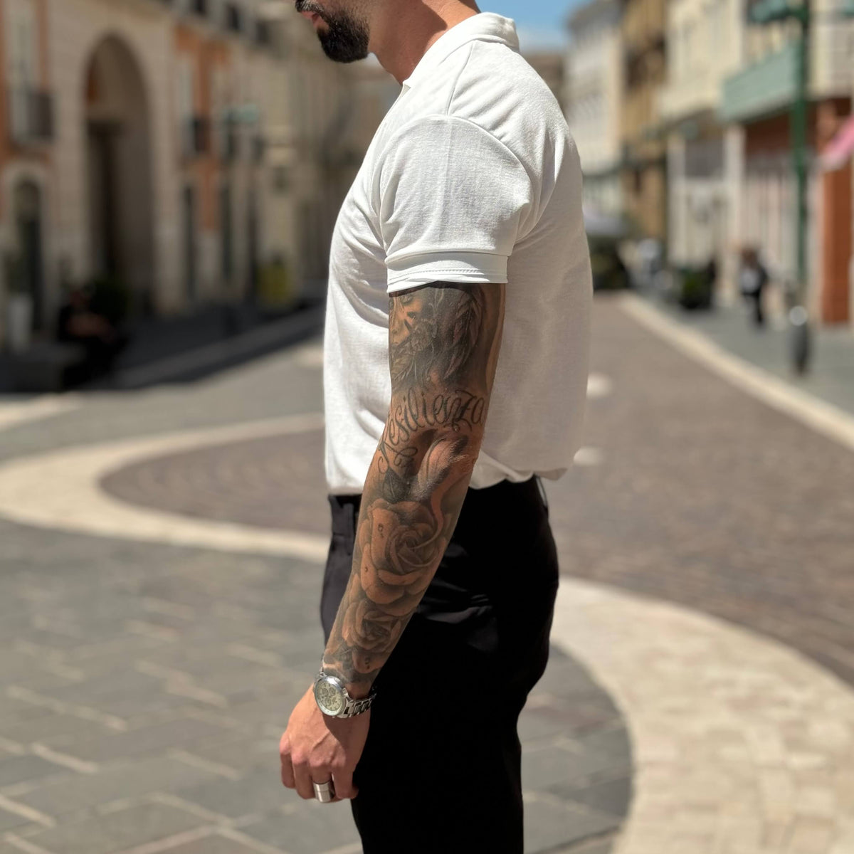 White V-neck, short-sleeved polo shirt without buttons - FLAG STORE
