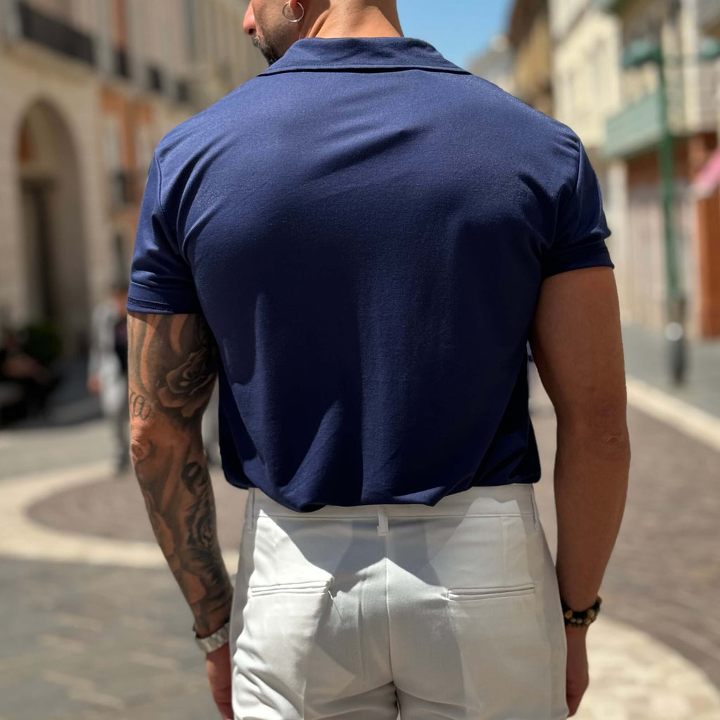 Polo blu mezza manica scollo a V senza bottoni - FLAG STORE